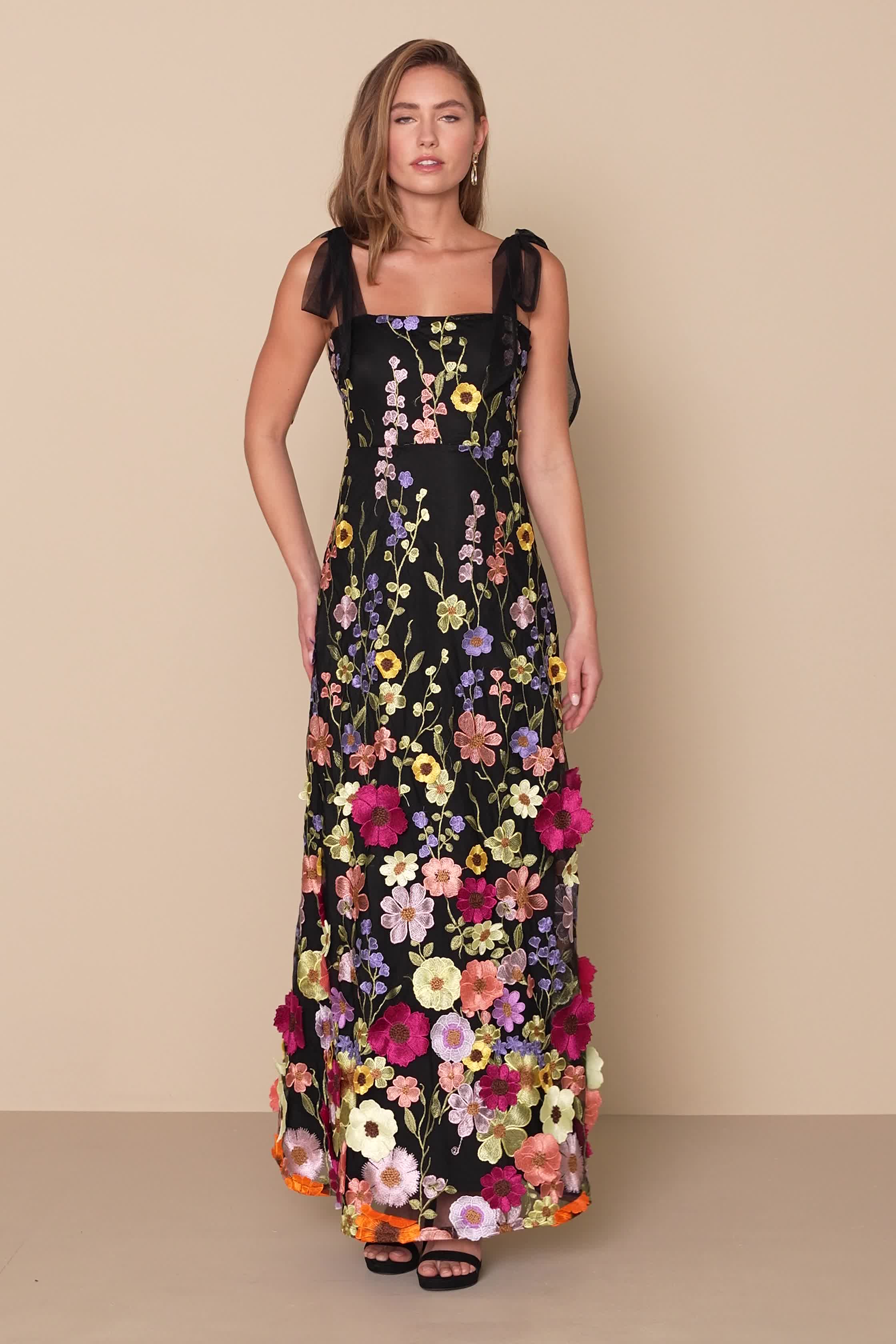 3D Floral Applique Dress - Black Floral Dress - Tie-Strap