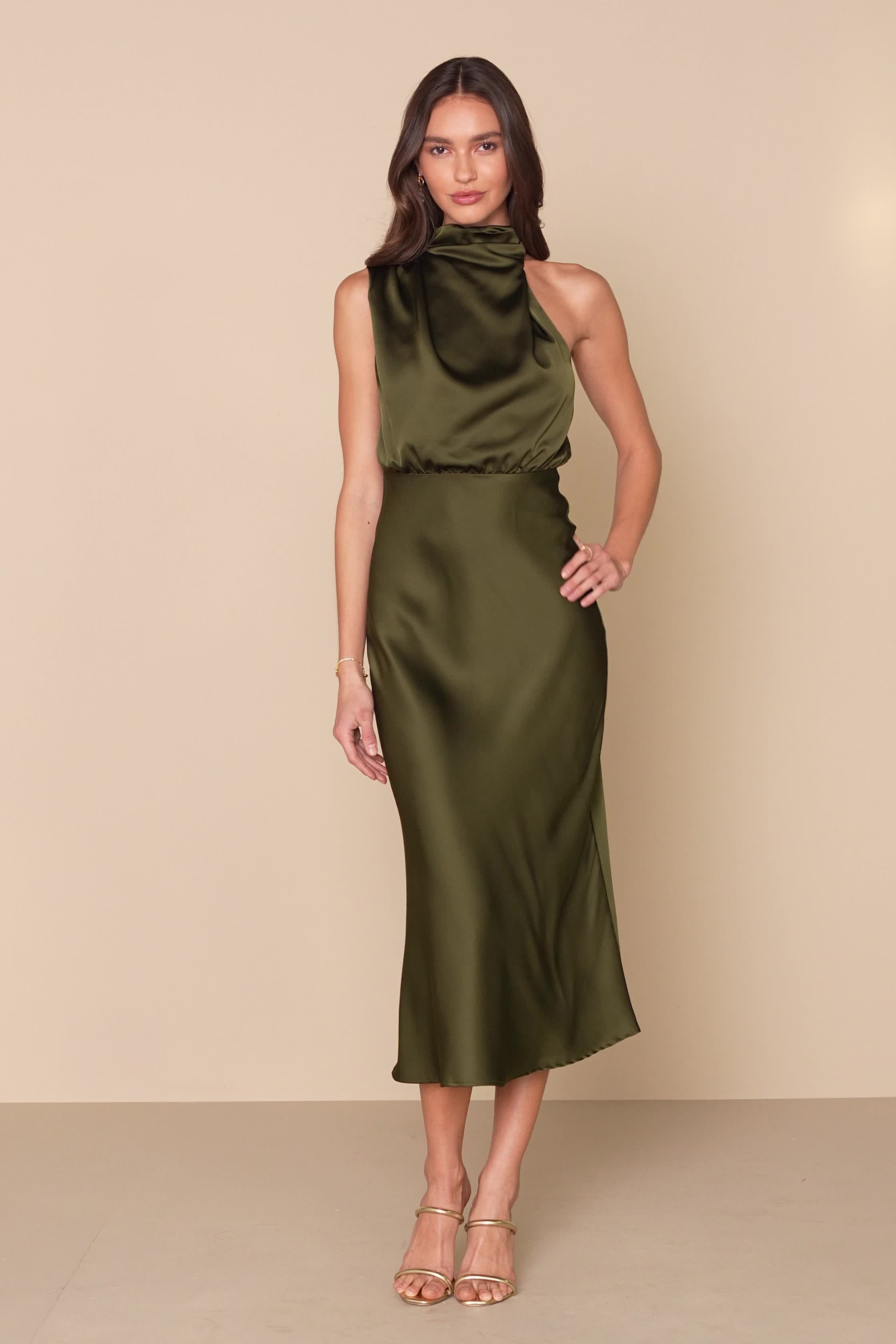 Olive Green Satin Asymmetrical Midi Dress | Womens | Small (Available in M, L) | 100% Polyester | Lulus