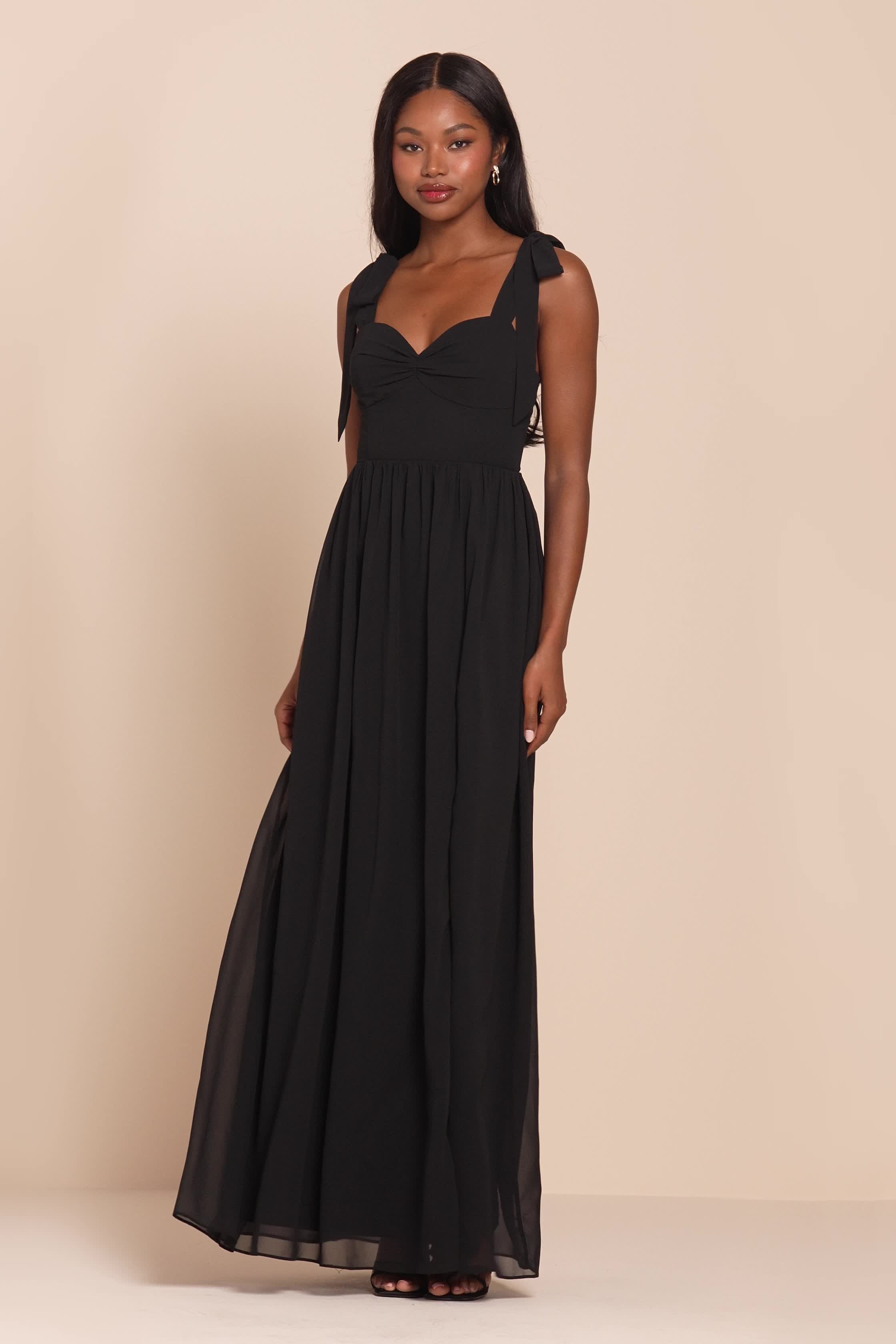 Black Chiffon Dress - Ruched Maxi Dress - Tie-Strap Maxi Dress - Lulus