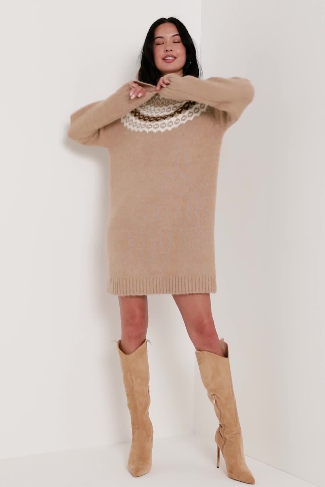 Beige Multi Sweater Dress - Turtleneck Sweater Dress - Mini Dress - Lulus