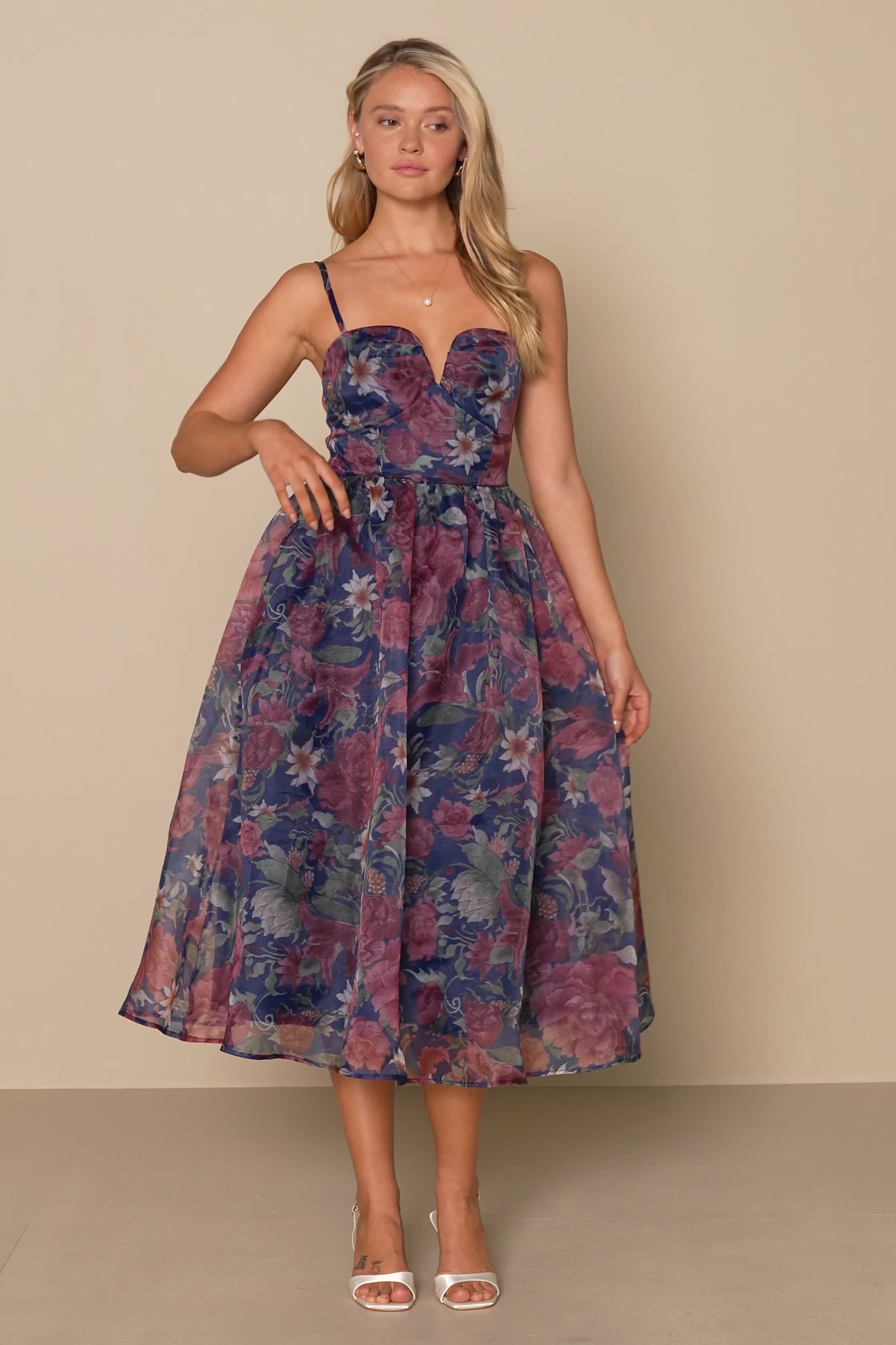 Blue Multi Floral Dress - Organza Midi Dress - Bustier Midi