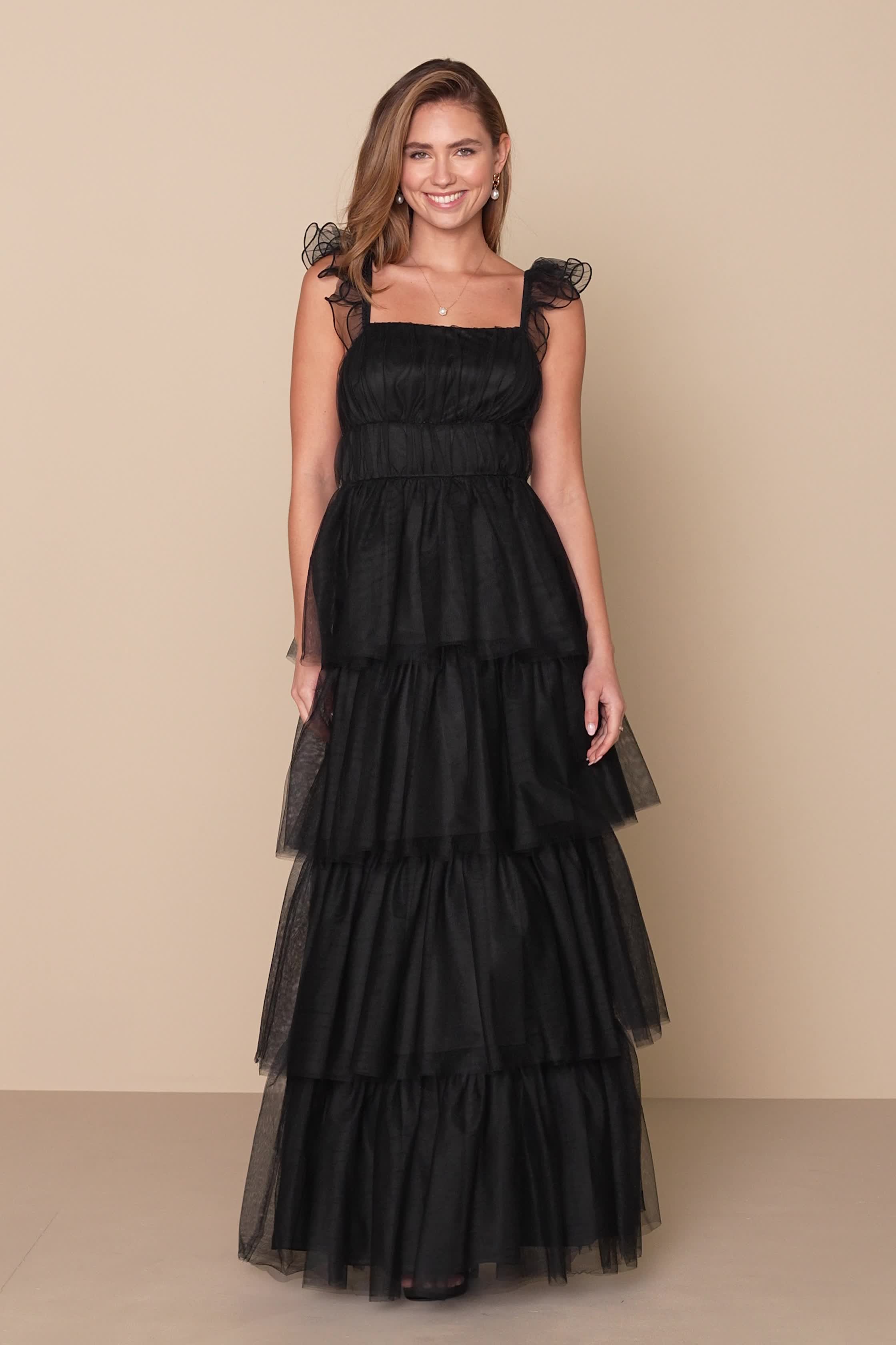 Black Mesh Maxi Dress - Tulle Maxi Dress - Tiered Ruffled