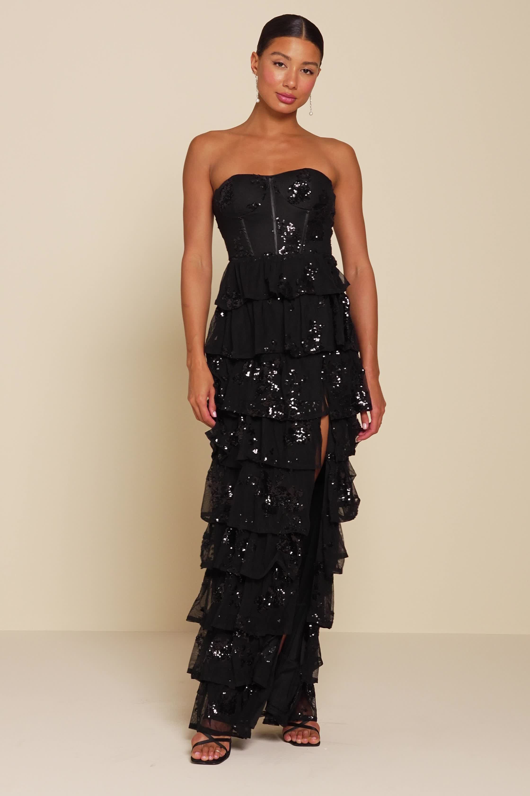 Black Tiered Maxi Dress - Lace-Up Maxi Dress - Sequin Maxi Dress