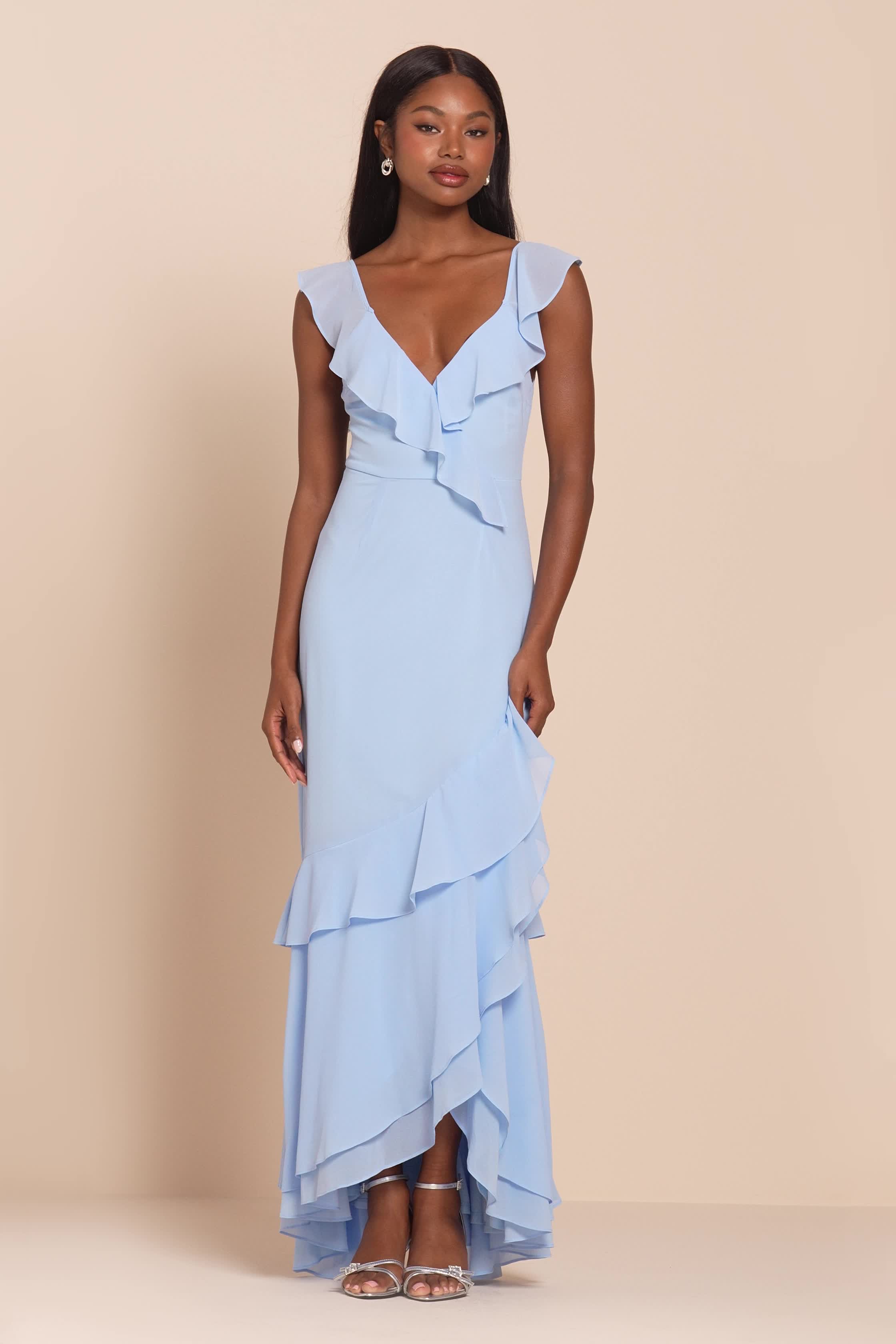 Light Blue Asymmetrical Ruffled Maxi Dress | Womens | 1X (Available in 3X, 2X, S, M, L, XL) | 100% Polyester | Lulus