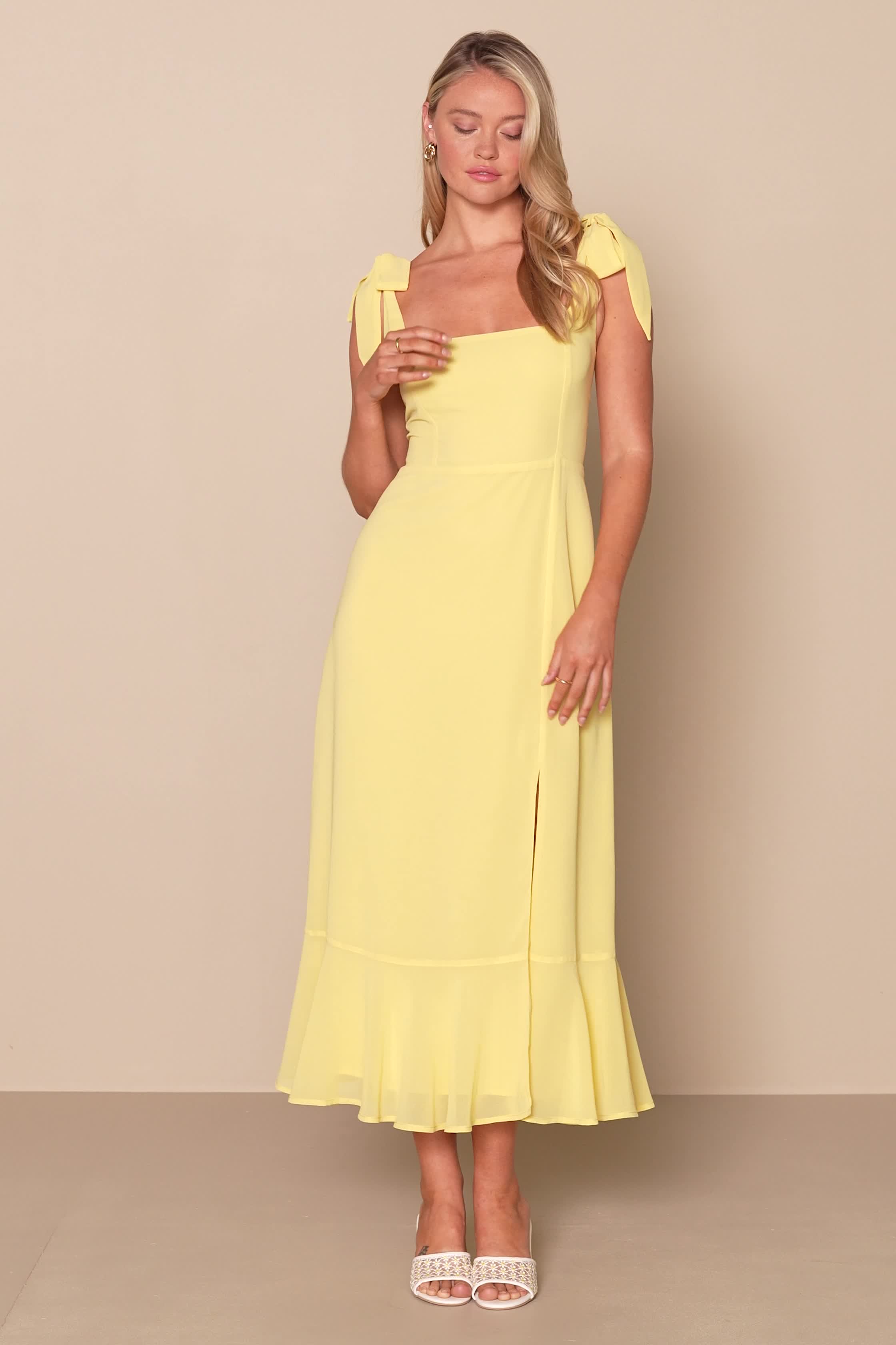 Yellow Chiffon Dress - Tie-Strap Midi Dress - Tiered Midi Dress - Lulus