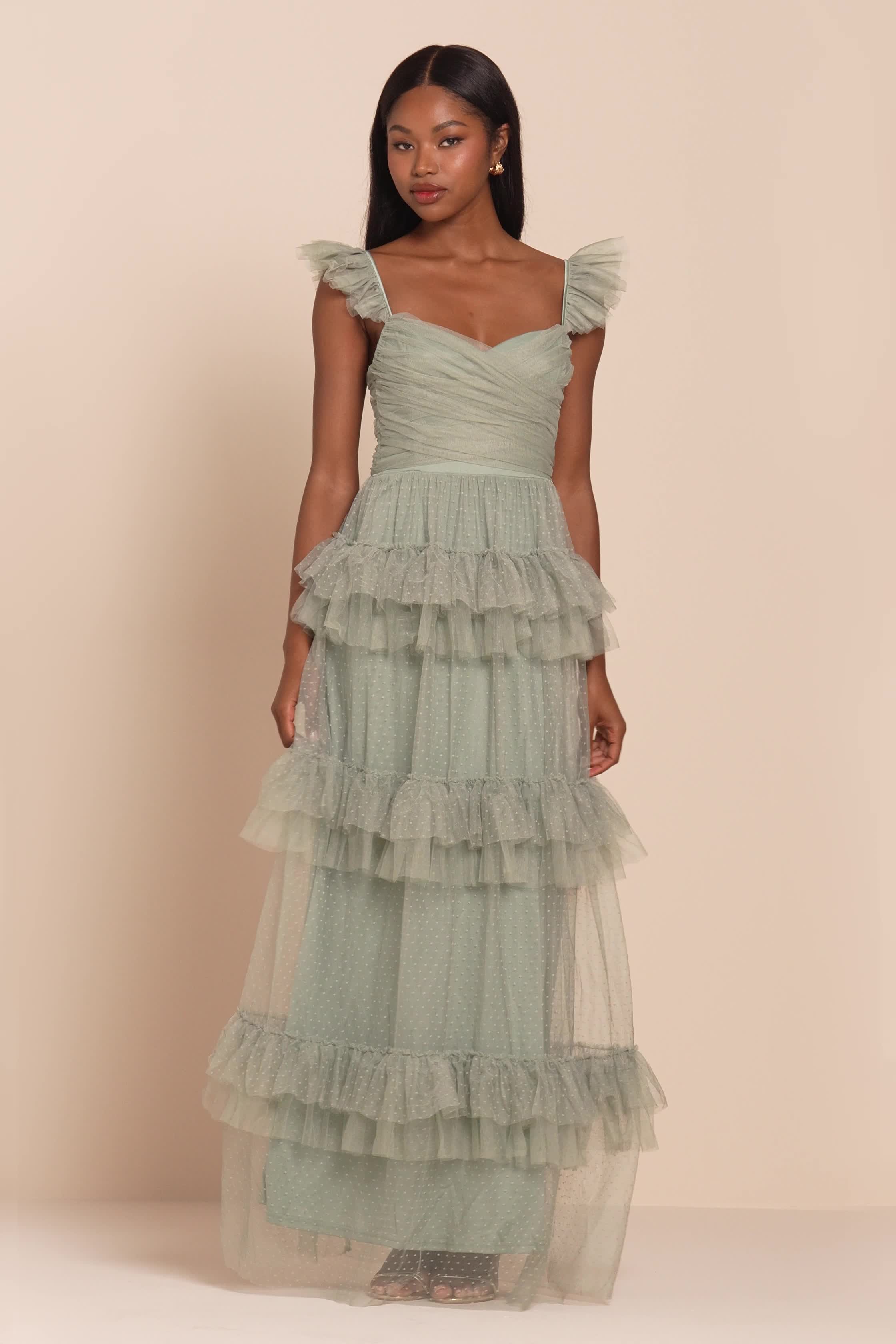 【Vermeerist BEAMS】Tiered Dress Sage Brush Mesh Maxi Dress - Swiss Dot Dress - Tiered Dress - Lulus