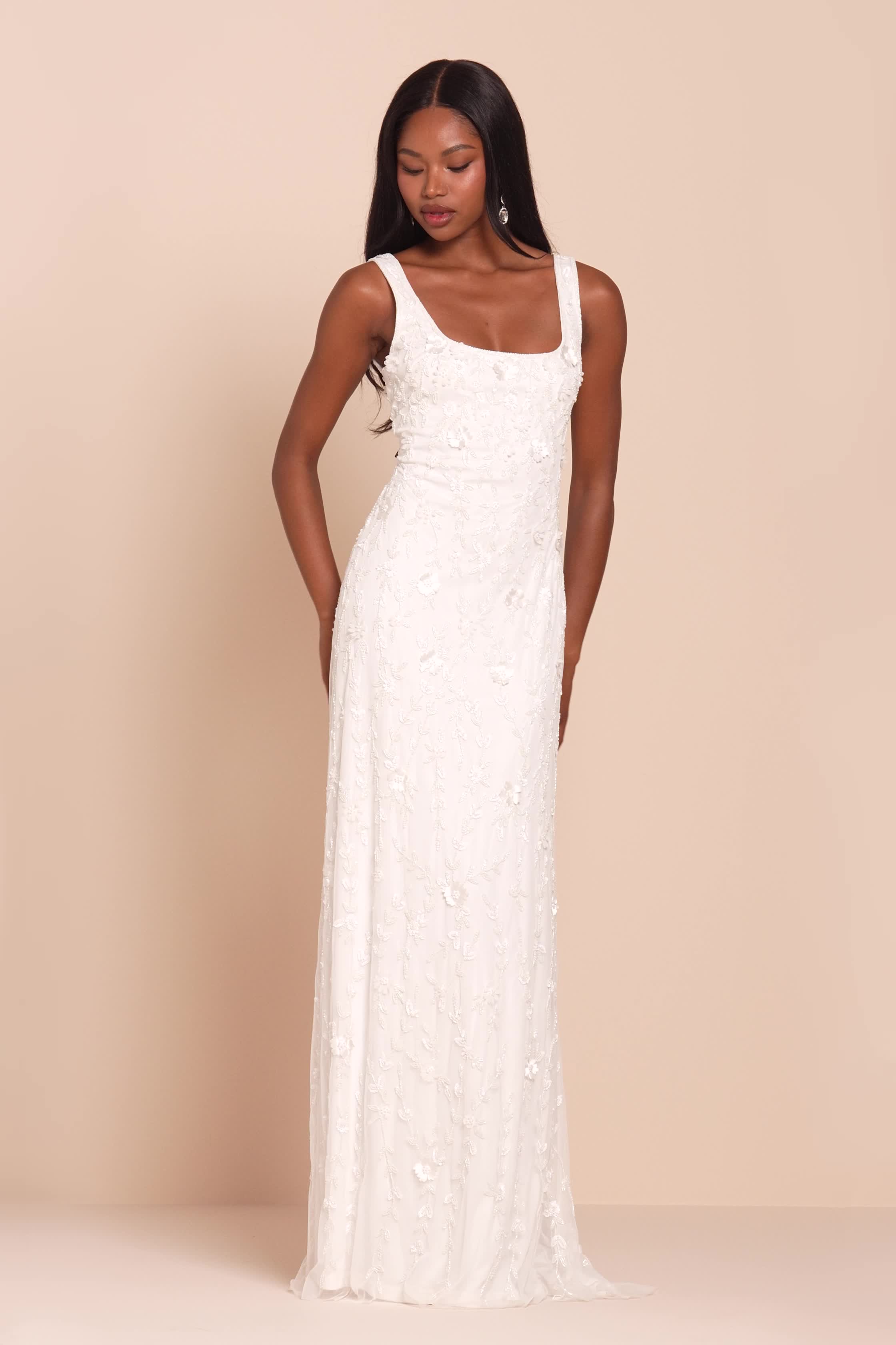 White 3D Floral Beaded Backless Maxi Dress | Womens | Medium (Available in L) | 100% Polyester | Lulus