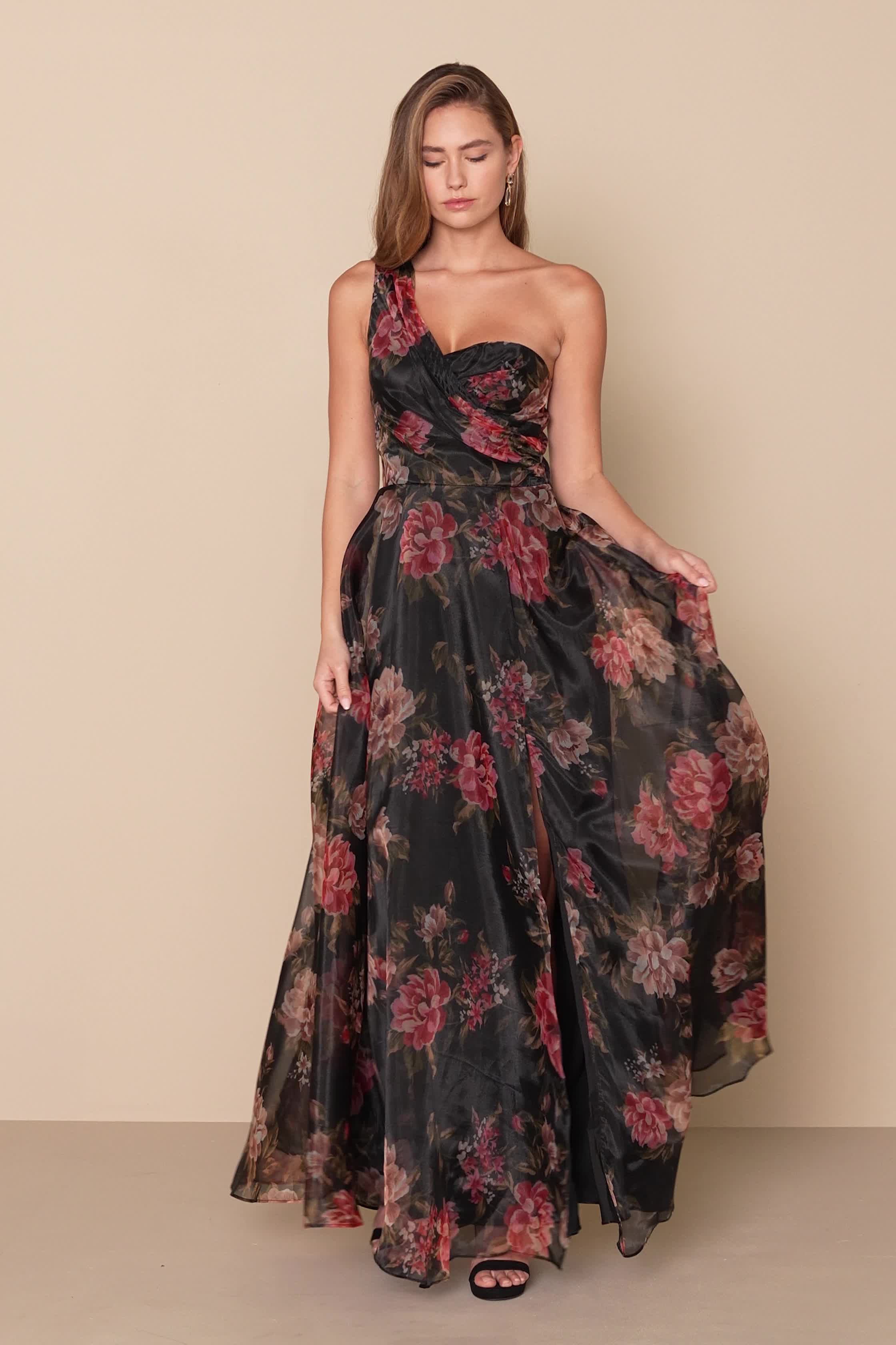 Lulu's Truly Extraordinary オーガンザワンショルドレス 送関込 Pink Floral Gown - Floral Organza Gown - Asymmetrical Maxi