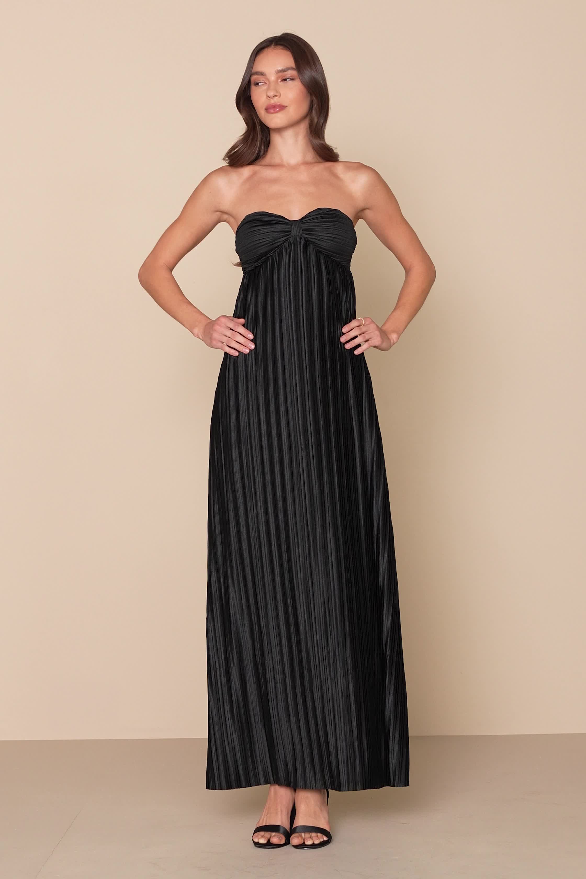 Black Maxi Dress - Plisse Satin Dress - Strapless Dress - Lulus