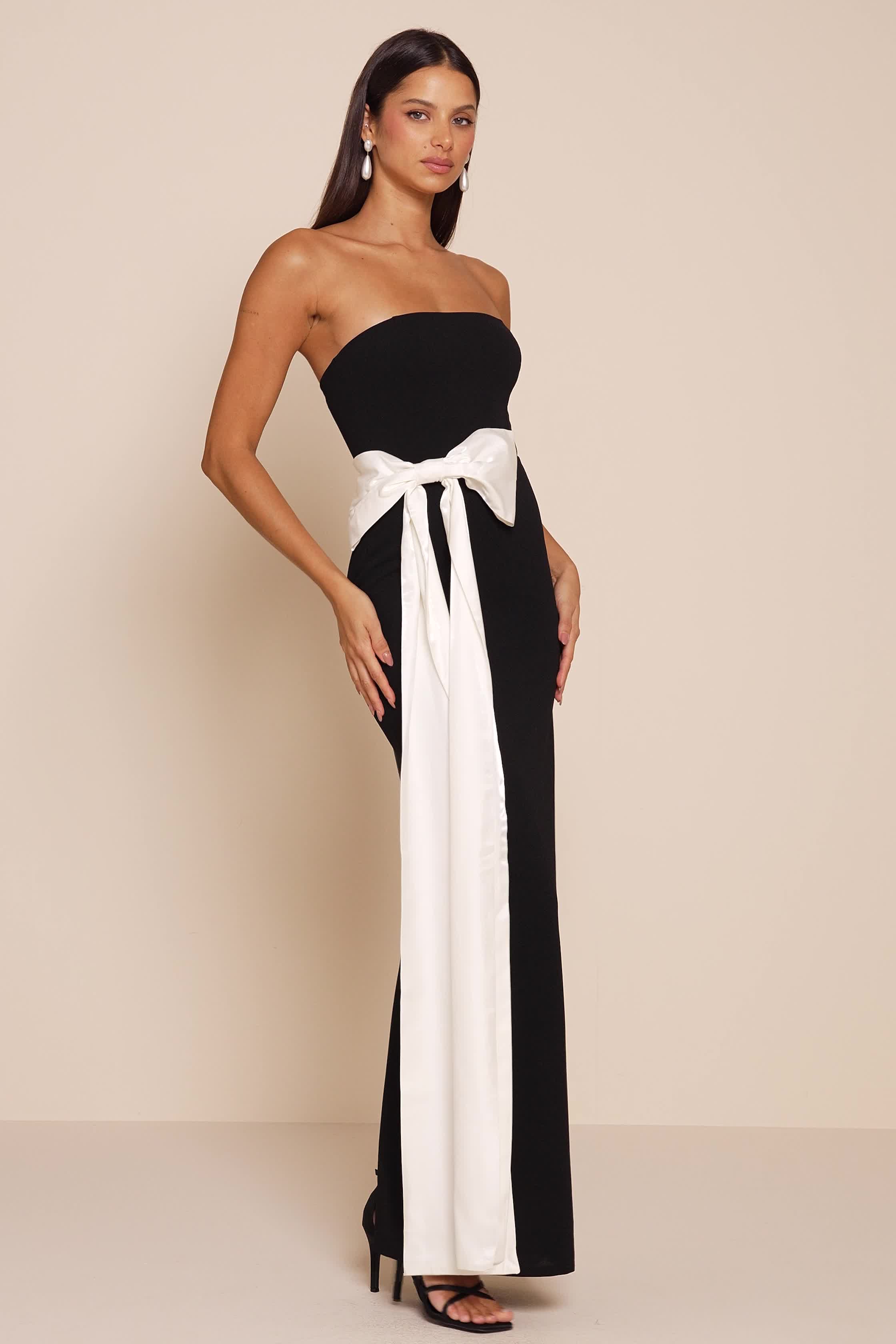 Black Strapless Bow Column Maxi Dress | Womens | X-Large | 100% Polyester | Lulus | Holiday Dresses