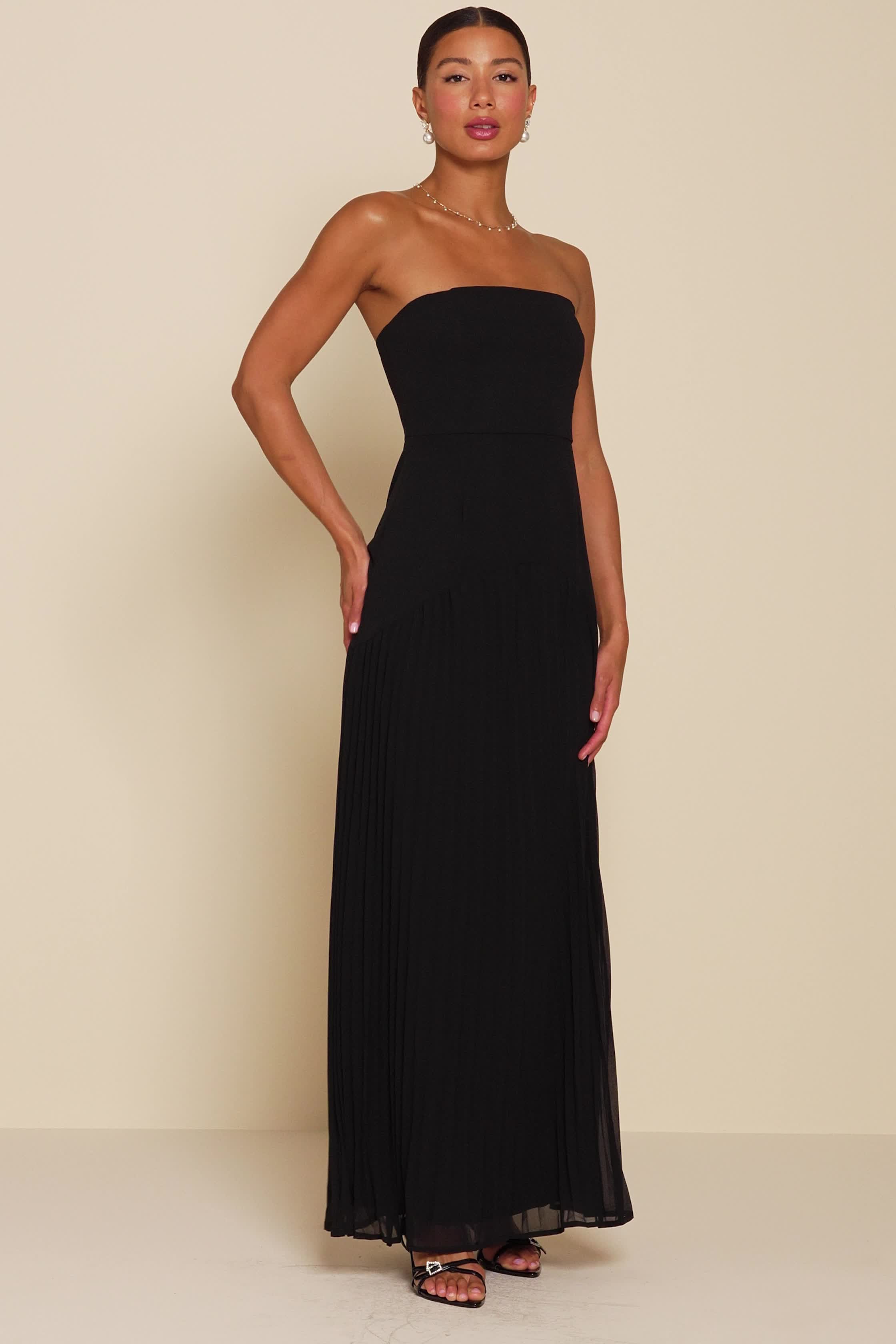 knee length dresses for ladies Cyrill Strapless Satin Structured Maxi Dress / Black | Meshki main image 1