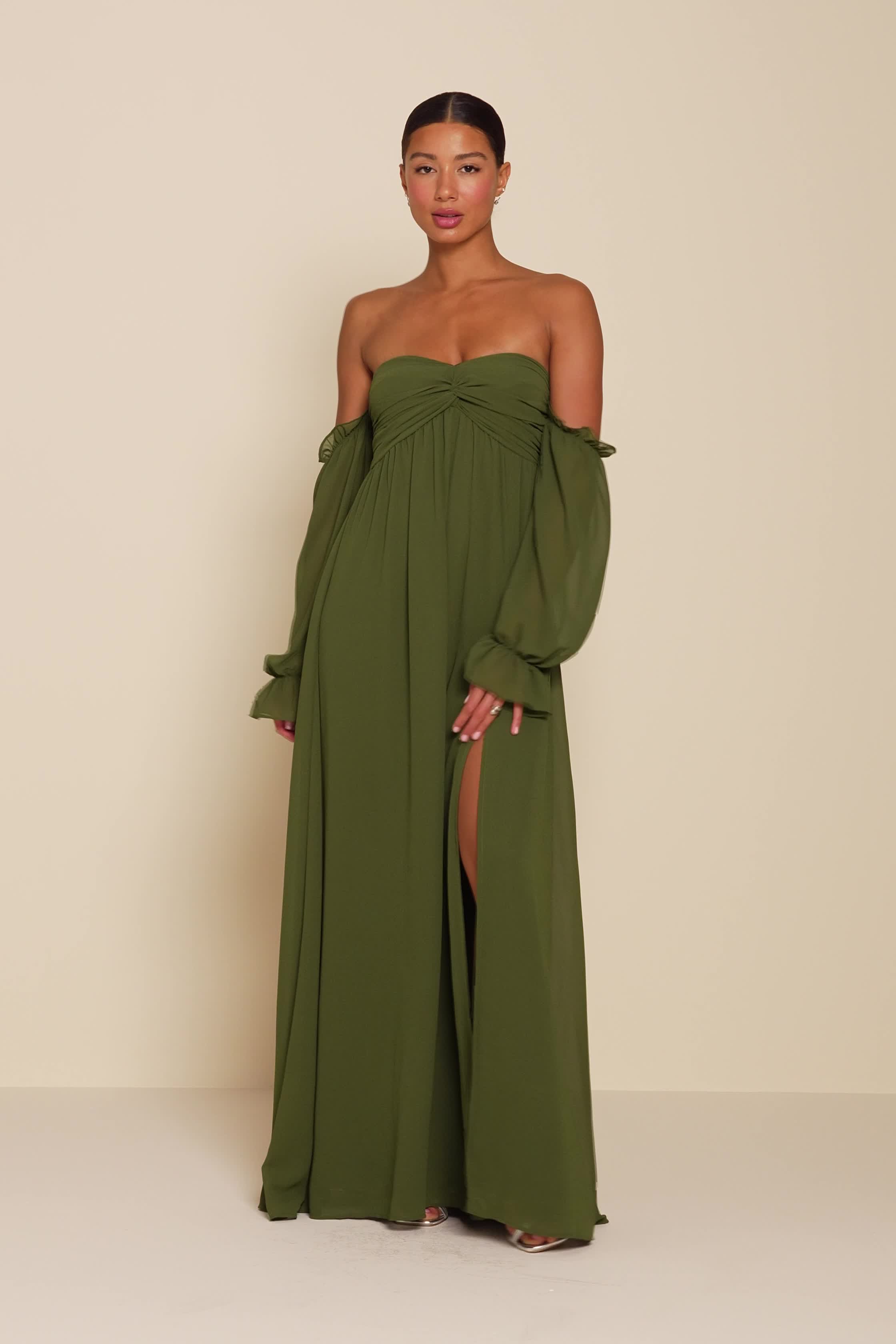 knee length dresses for ladies Valencia Long Sleeve Bridesmaids Dress in Olive Green main image 1