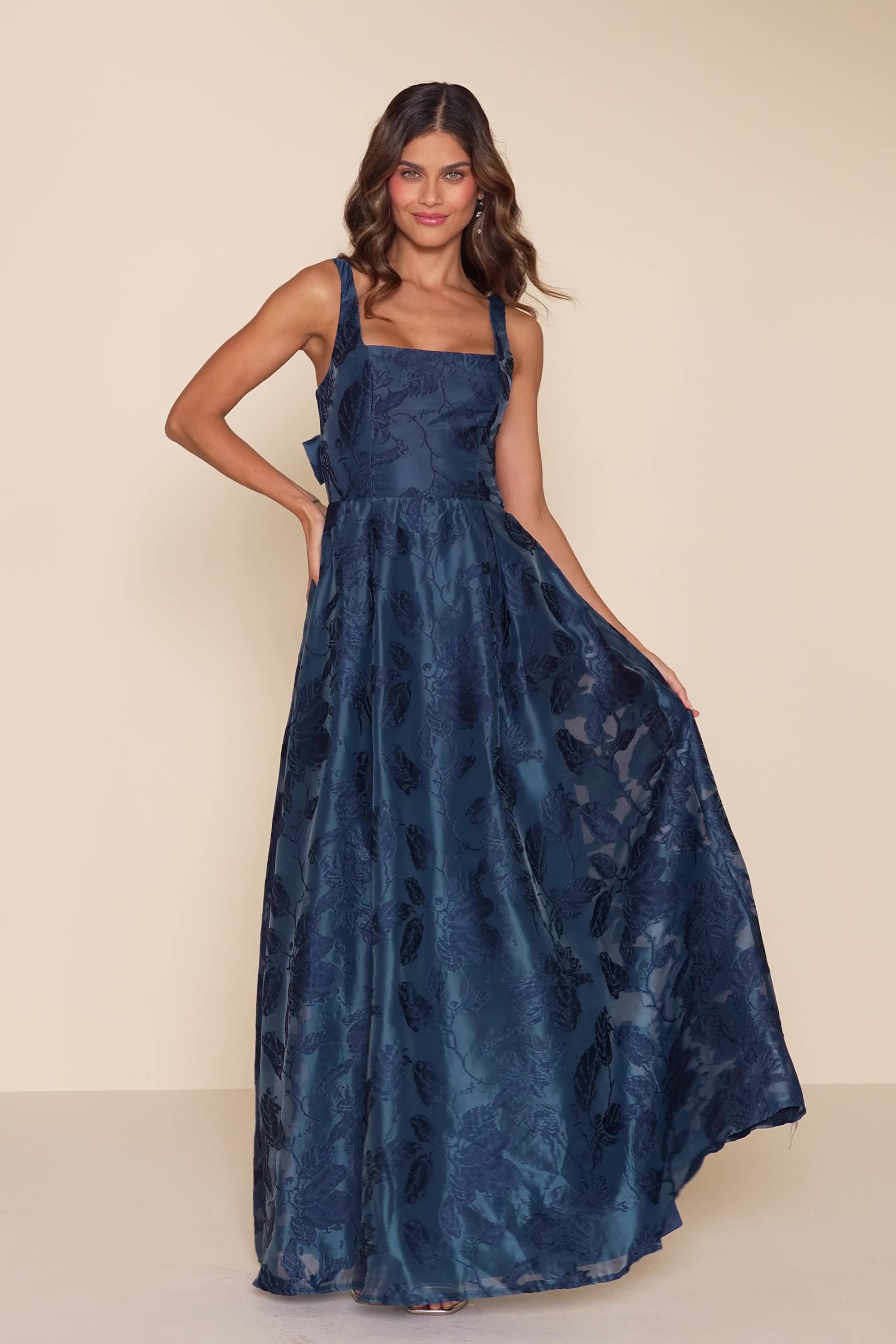 Navy Floral Jacquard Dress - Tie-Back Maxi Dress - Pleated Dress Navy Floral Jacquard Dress - Tie-Back Maxi Dress - Pleated Dress