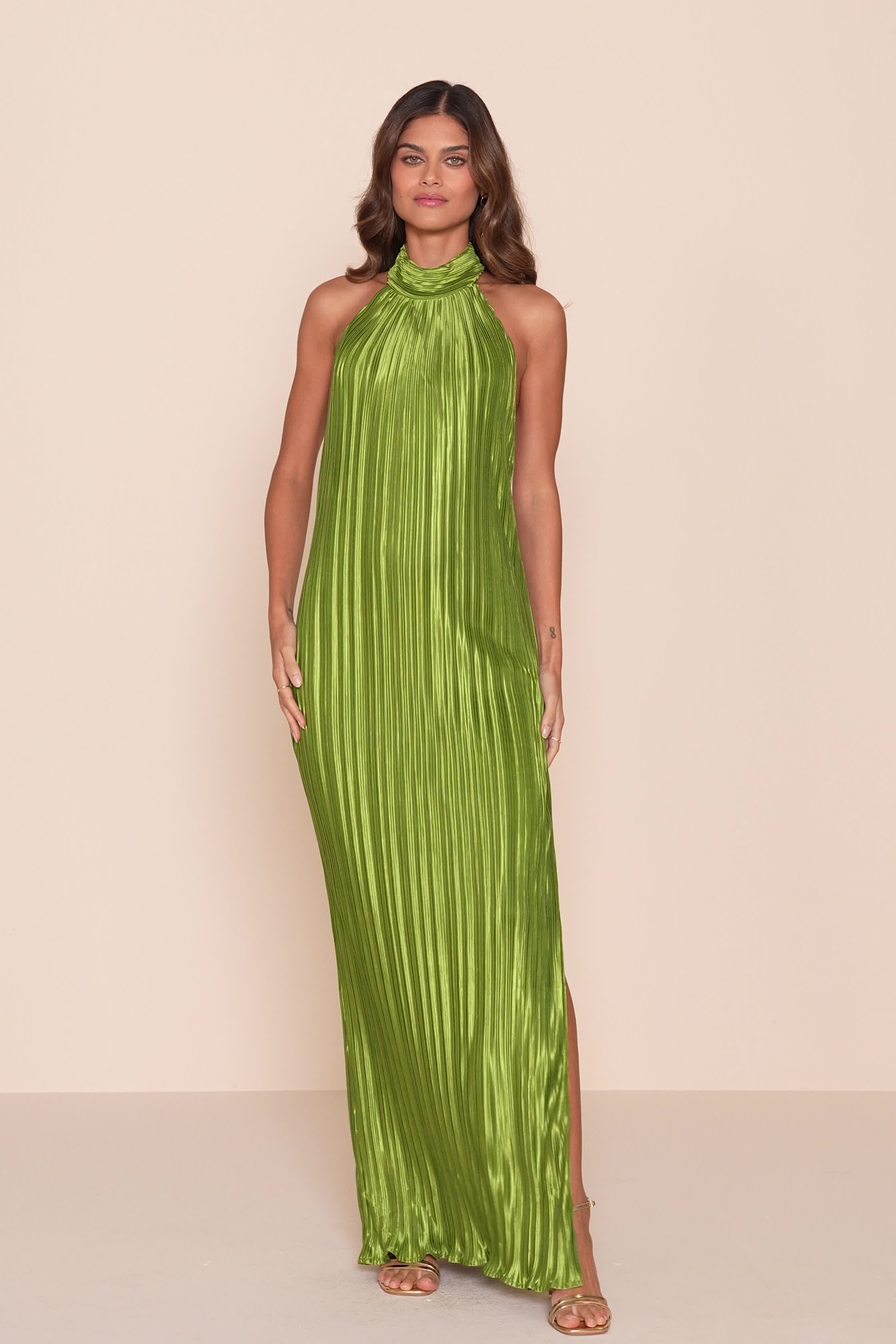 siannise green dress final Teagan Gown in Greenery Fitted Satin & Lace Dress main image 1
