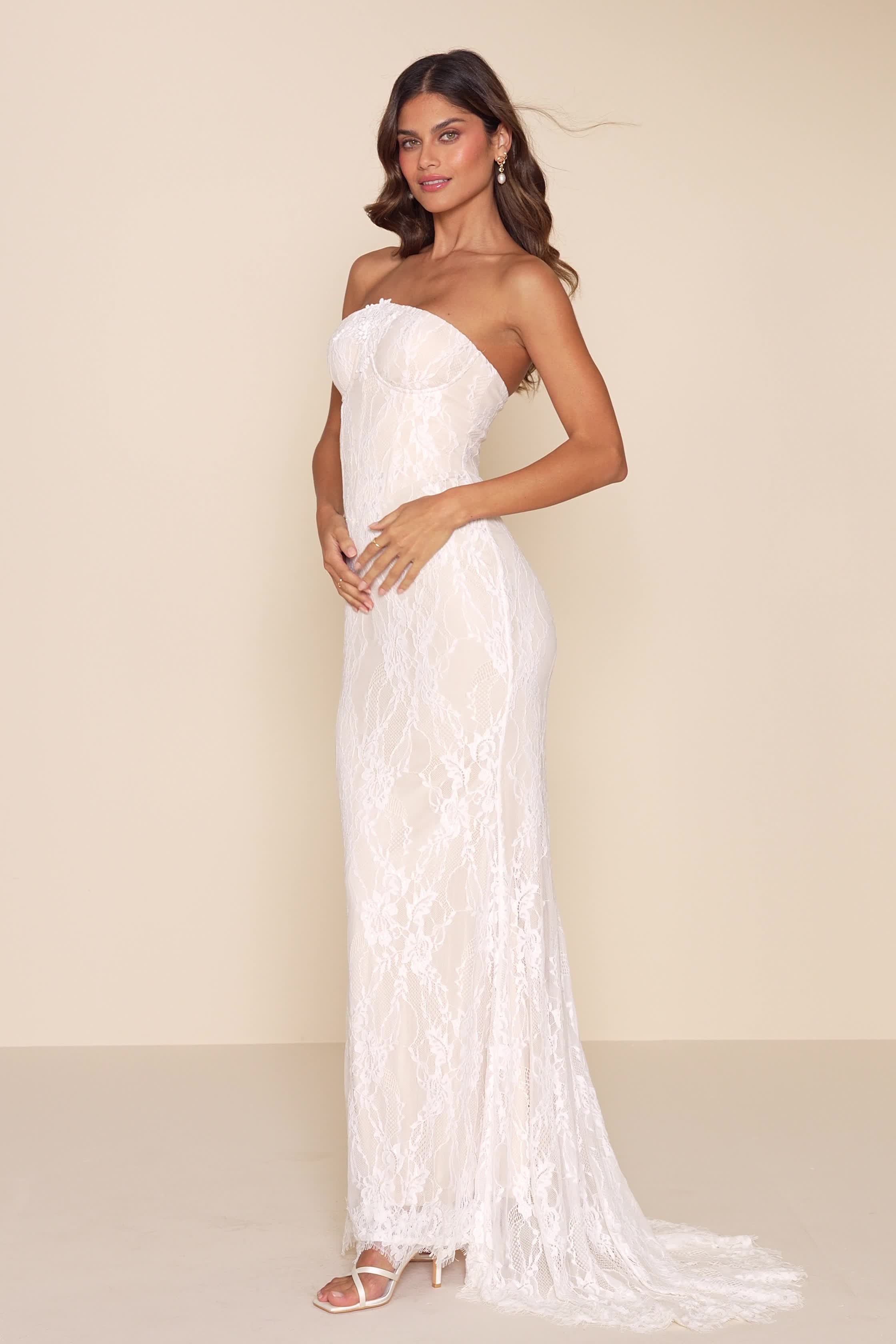 chinese dress ladies Valeria White Lace Strapless Bustier Maxi Dress – Endless