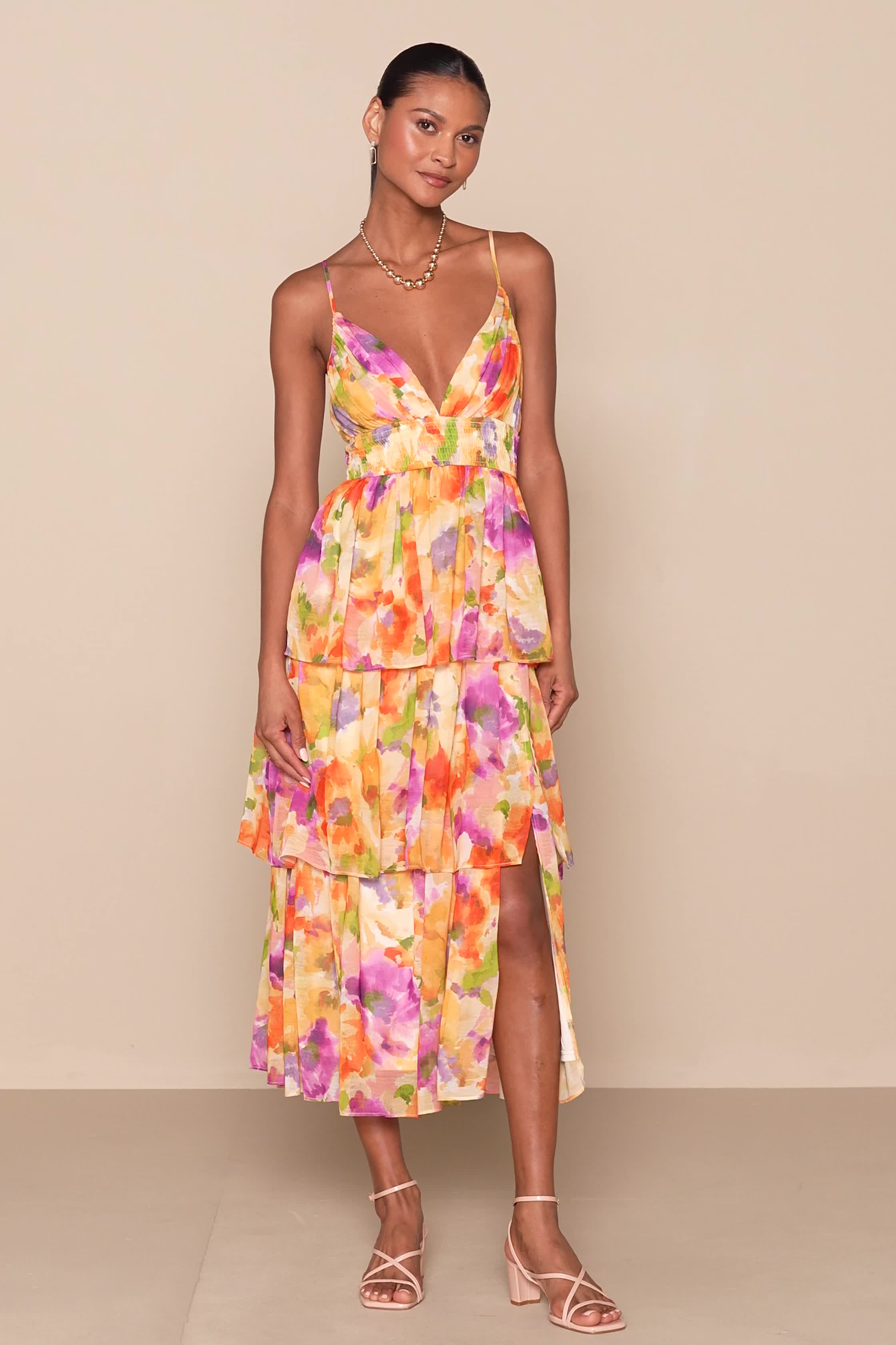Yellow Abstract Floral Dress - Floral Midi Dress - Tiered Dress - Lulus