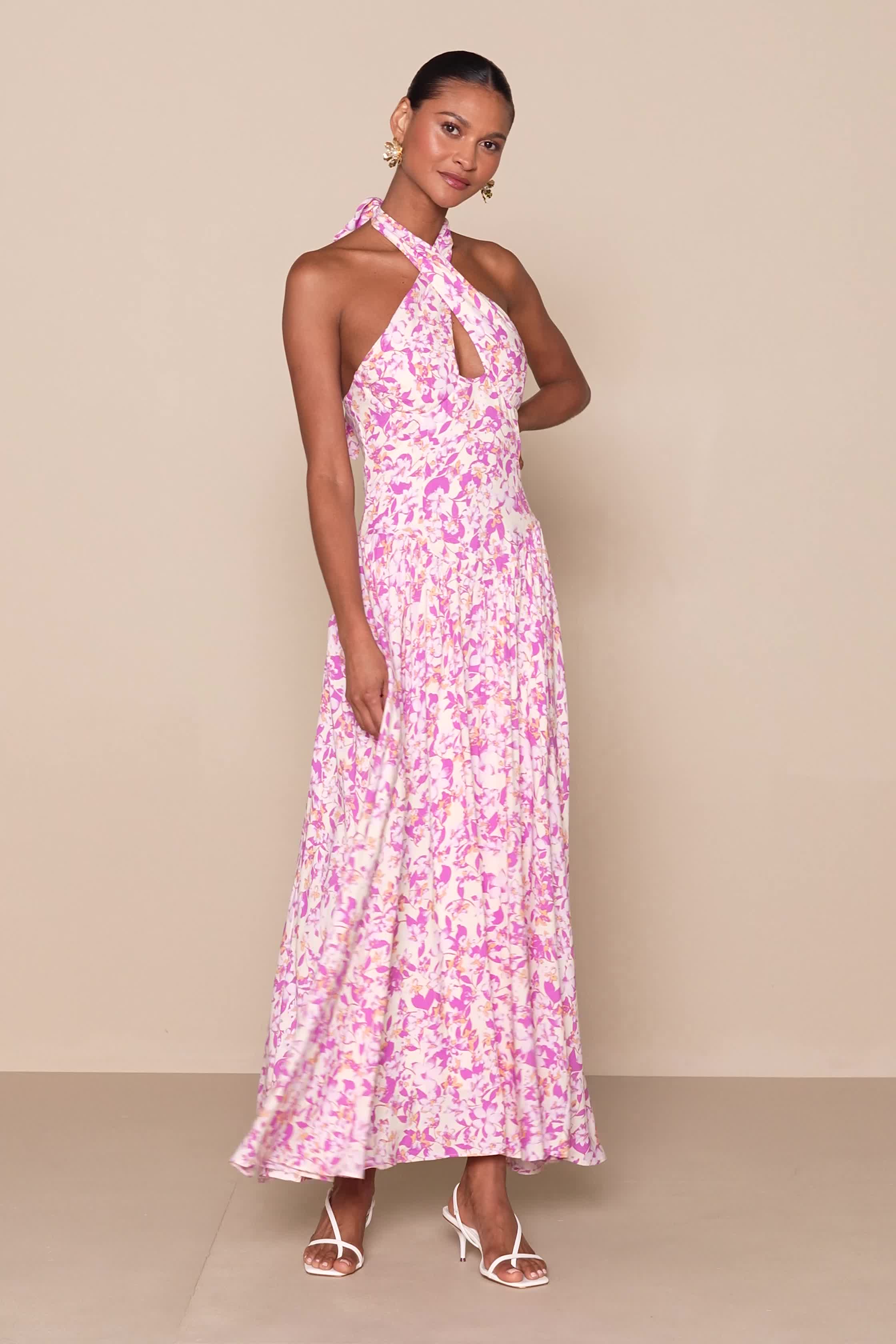 Ivory Multi Floral Dress - Floral Midi Dress - Cross-Front Dress