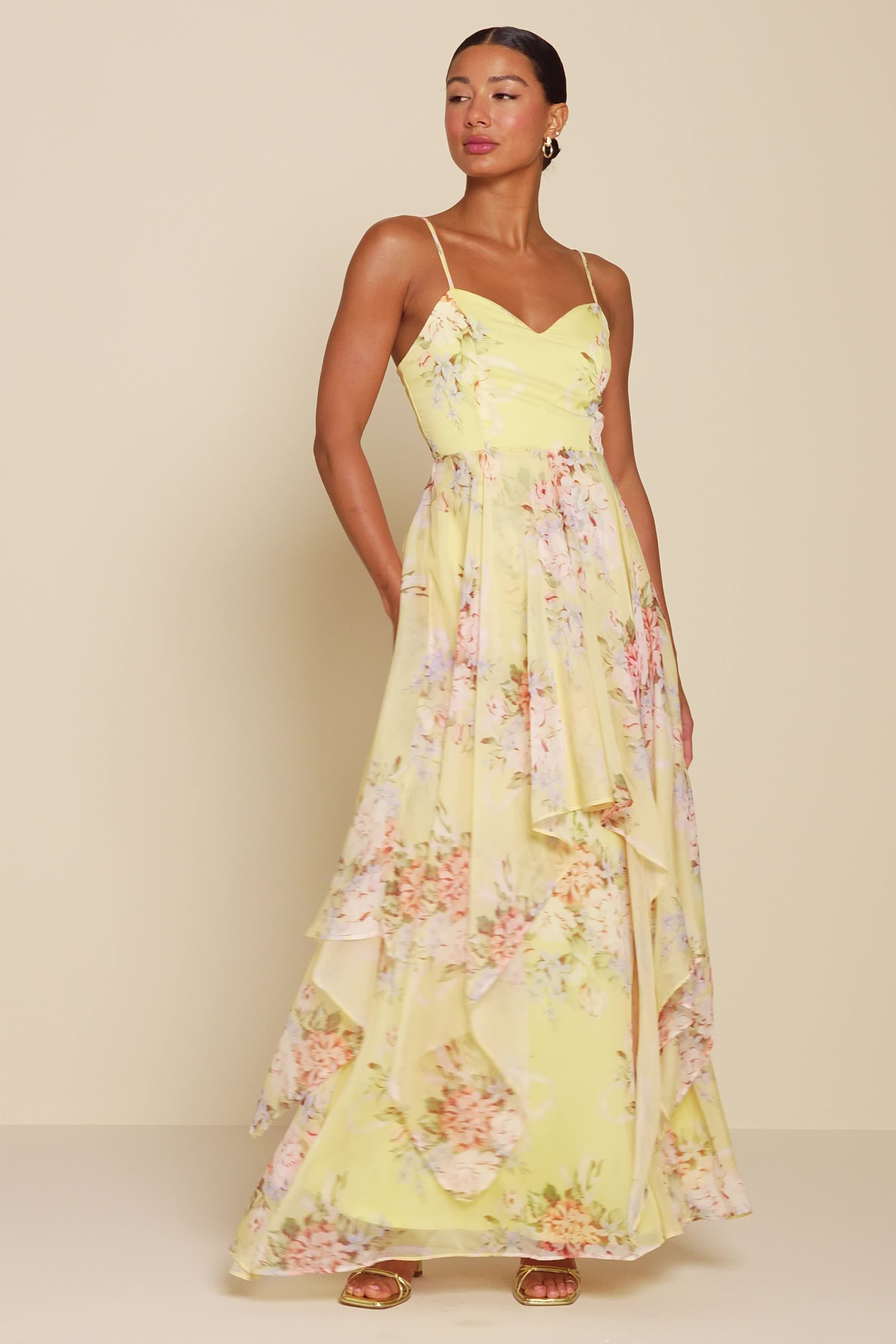 Yellow Floral Dress - Tiered Maxi Dress - Floral Bridesmaid Dress - Lulus