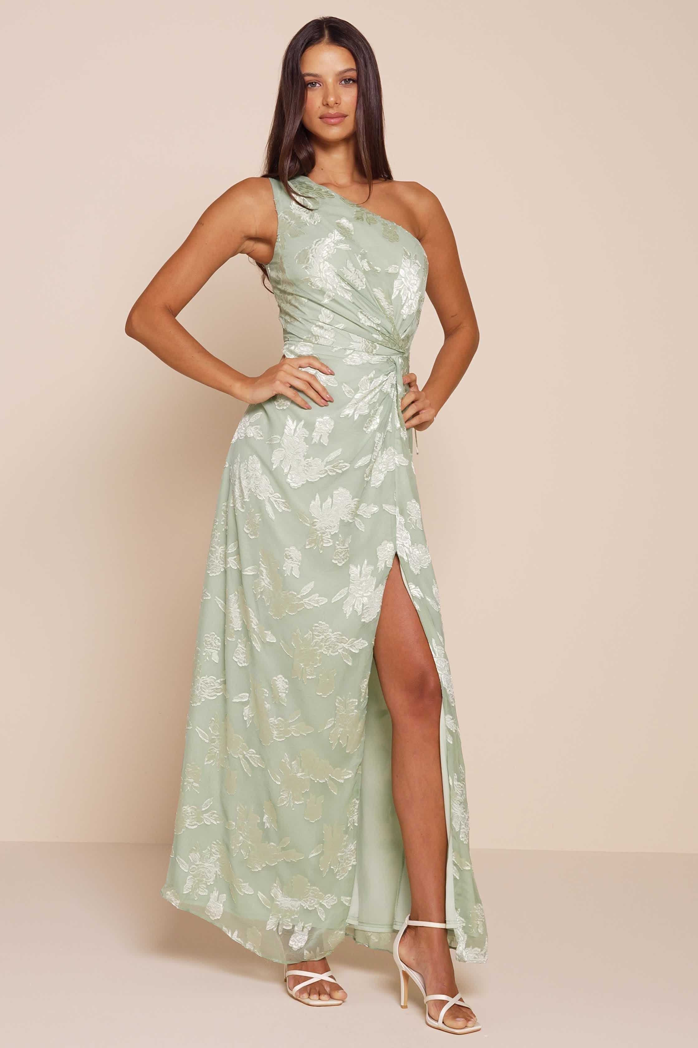 still the one sage green floral print satin maxi dress Sage Green Maxi Dress - One-Shoulder Gown - Floral Jacquard Dress