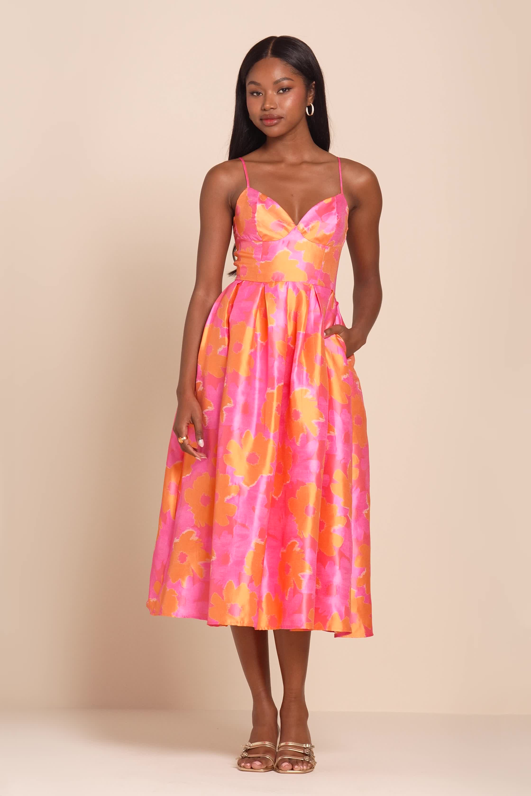 Pink & Orange Floral Jacquard Dress - Pleated Dress - Midi Dress