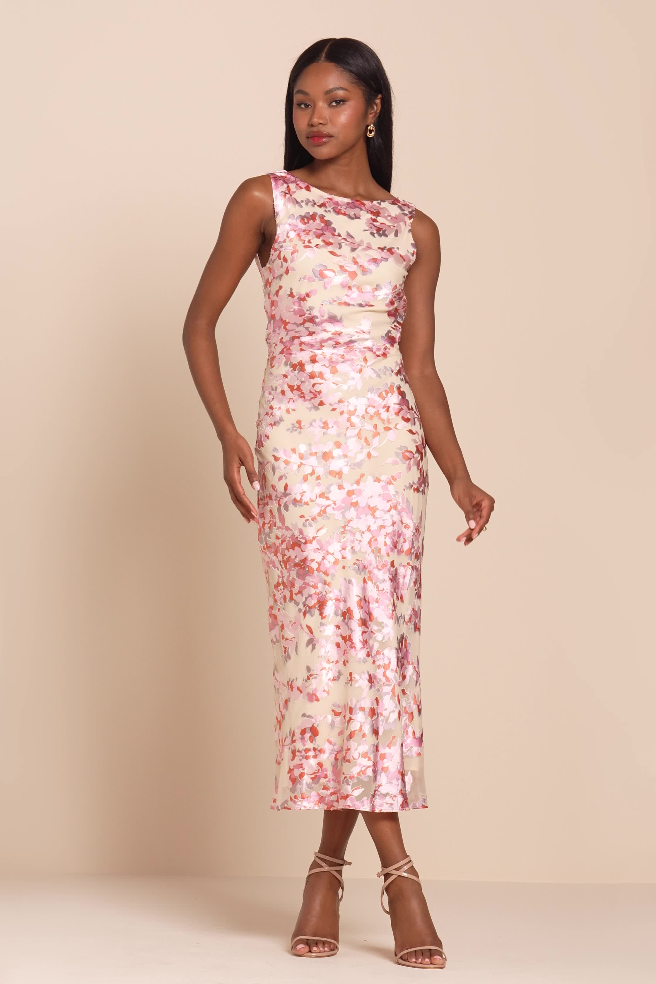 Beige Floral Jacquard Dress - Cowl Back Midi Dress - Midi Dress