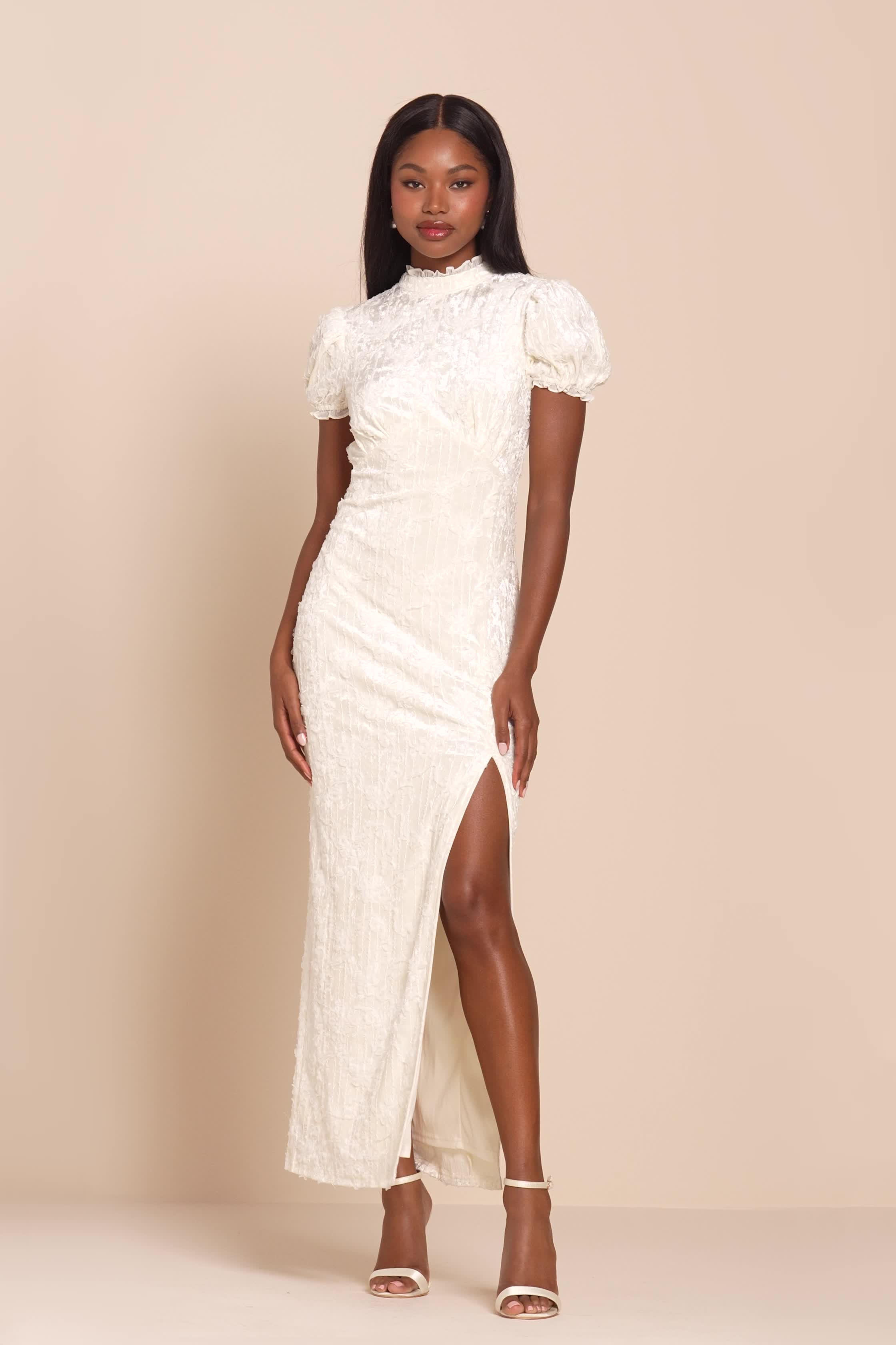 Cream Textured Maxi Dress - Mock Neck Maxi - Puff Sleeve Dress - Lulus