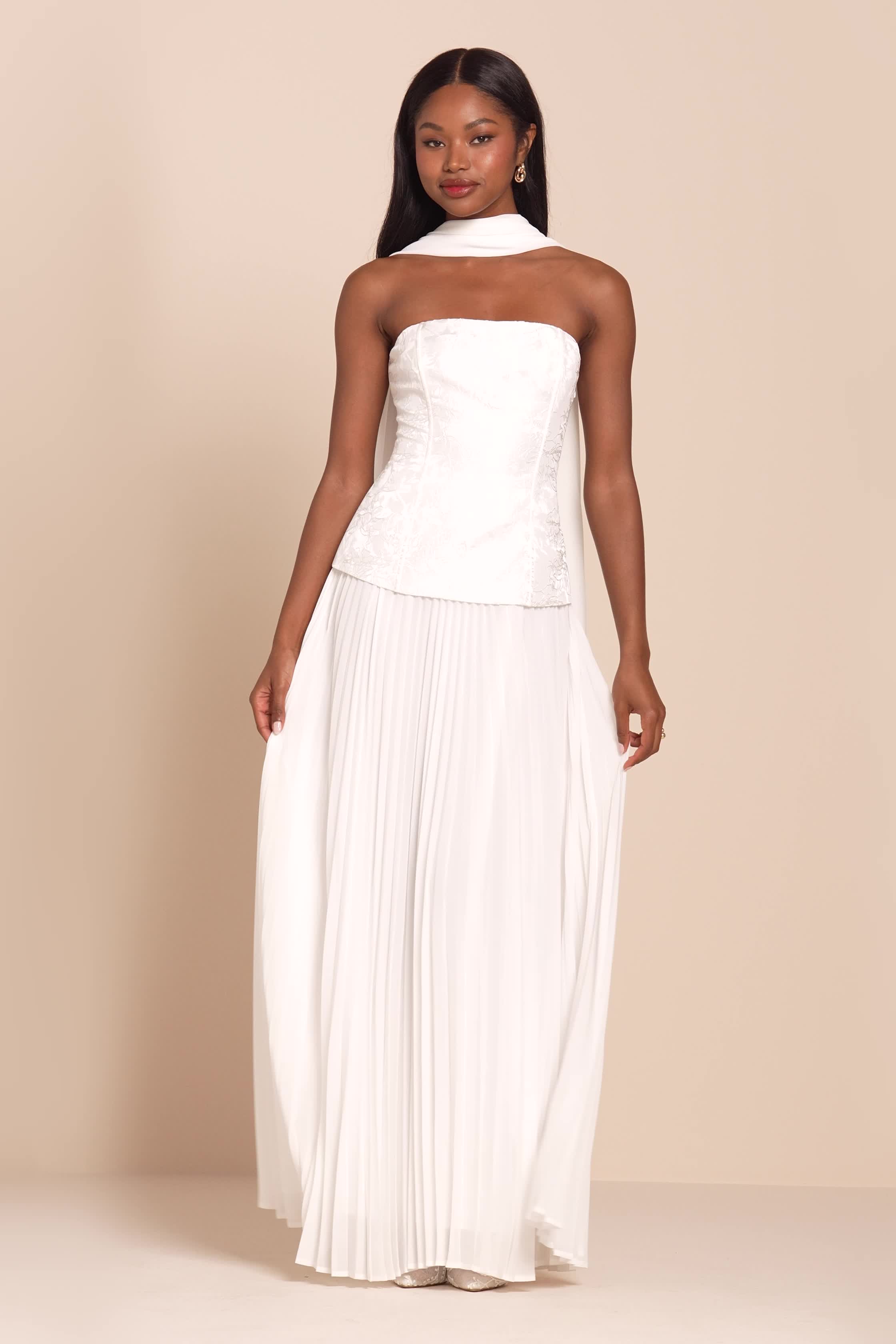 White Jacquard Gown - Drop Waist Gown - Bridal Gown & Scarf Set - Lulus White Jacquard Gown - Drop Waist Gown - Bridal Gown & Scarf Set - Lulus