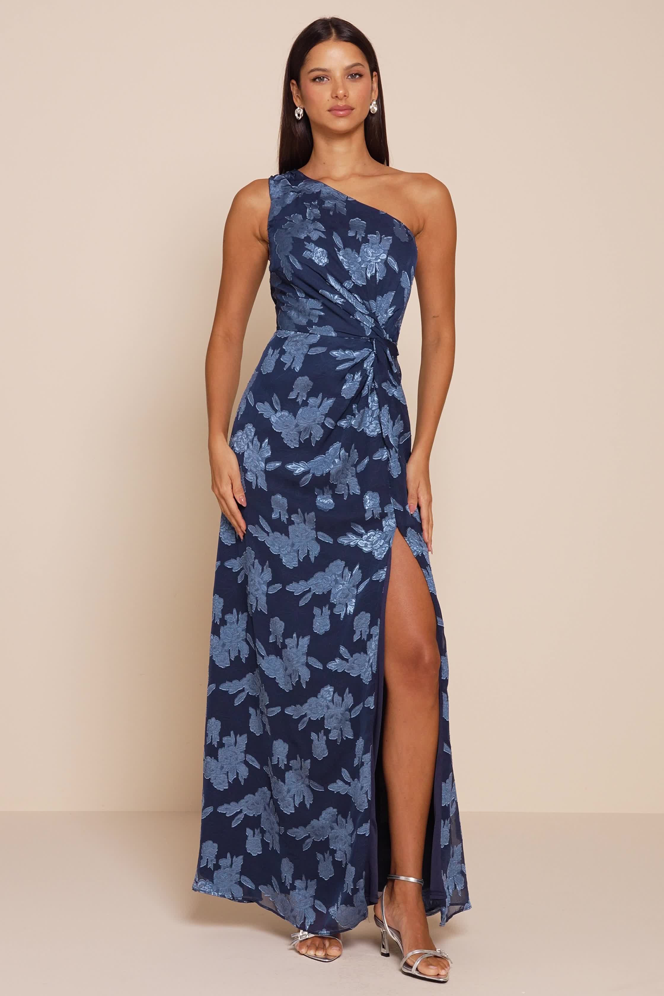 airly one shoulder midi dress blue jacquard Cobalt Blue Bow One-shoulder Full A-line Floral Metallic Jacquard Maxi Bridesmaid Dress In Cobalt Jacquard