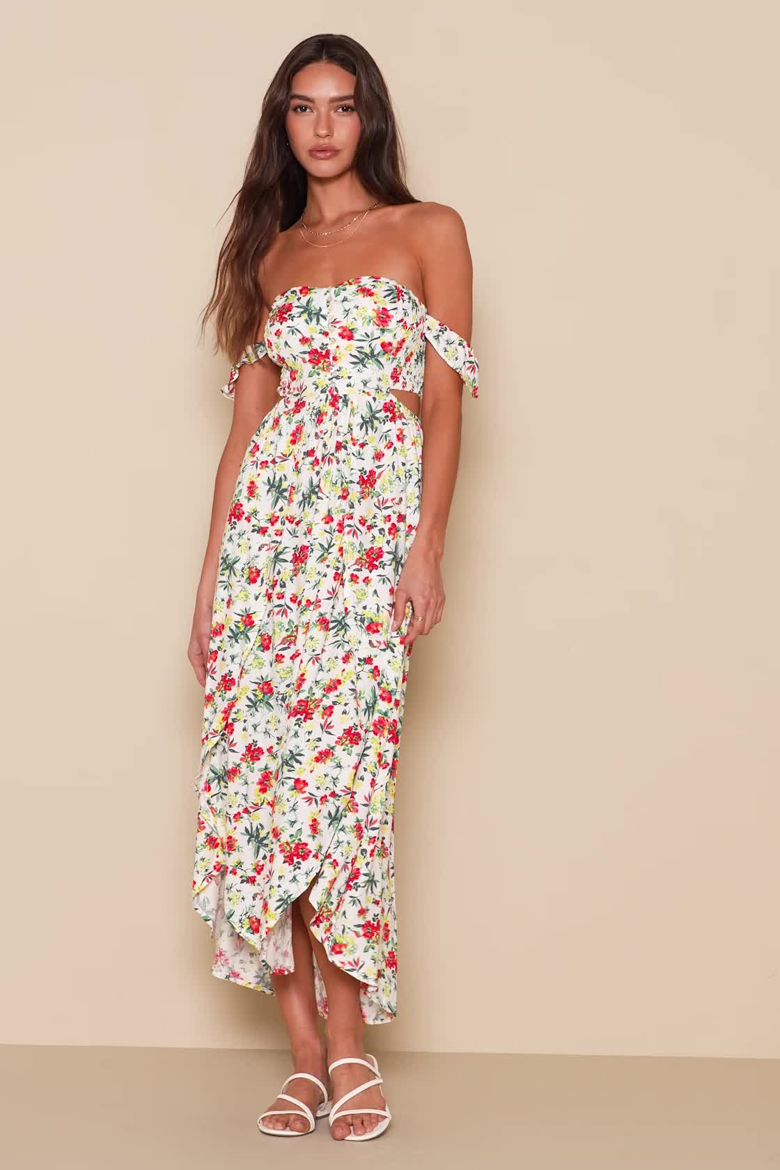 knee length dresses for ladies Green Floral Ruffle Off Shoulder Maxi Dress