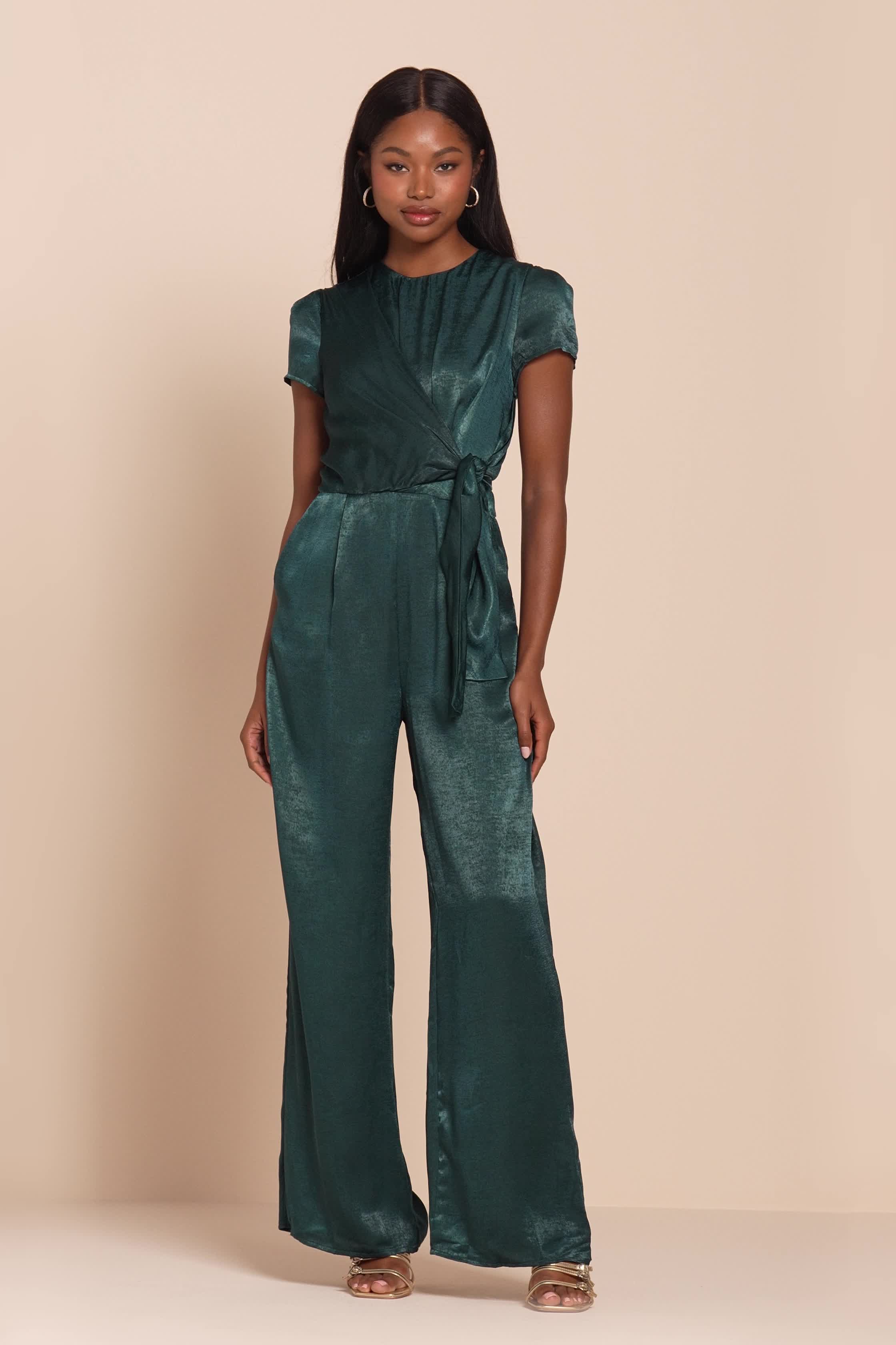 Dark Green Jumpsuit - Knotted Jumpsuit - Satin Jumpsuit - Lulus