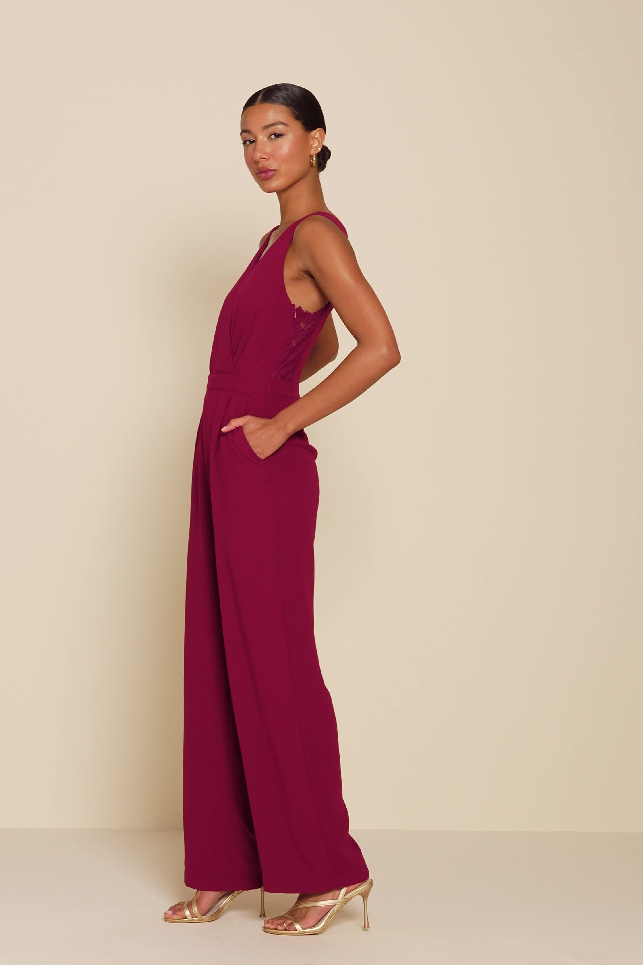Belle Badgley Mischka Red Velvet Sleeveless | Mercari NWT Belle Badgley Mischka Jumpsuit Size 4 Burgundy Red Rose Pink Wide Leg Cutout main image 1