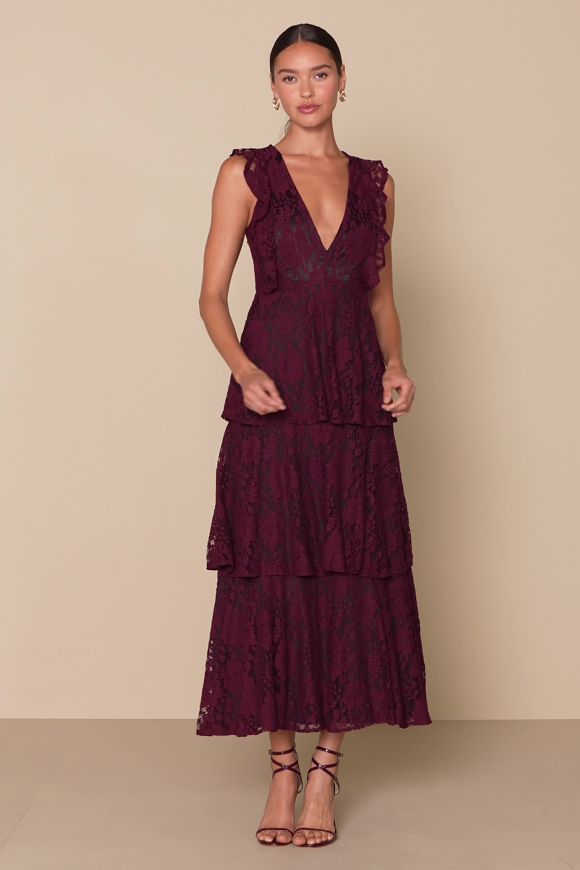 chinese dress ladies Dark Burgundy Lace Long Sleeves V Neck Bridesmaid Dress, Burgundy Lace   morievent
