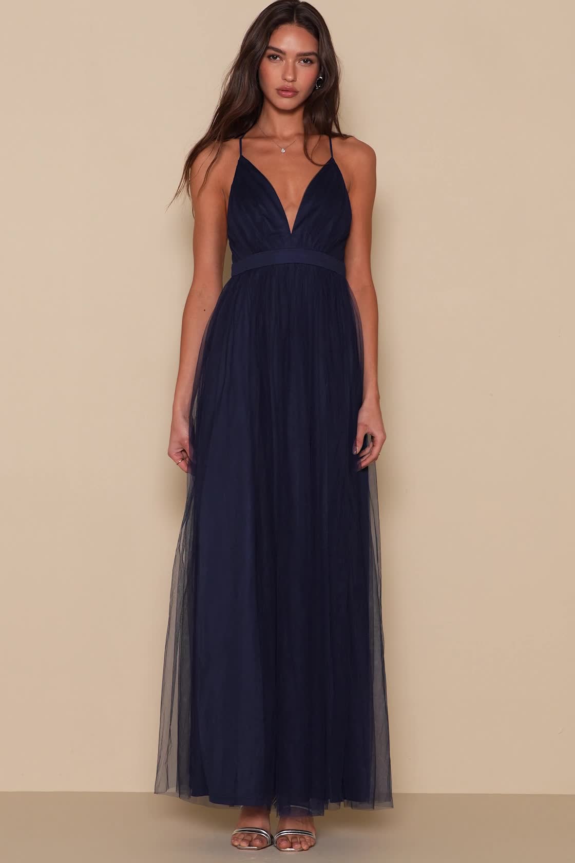 flawless arrival navy blue tulle tie strap tiered maxi dress Flawless Arrival Navy Blue Tulle Tie Strap Tiered Maxi Dress