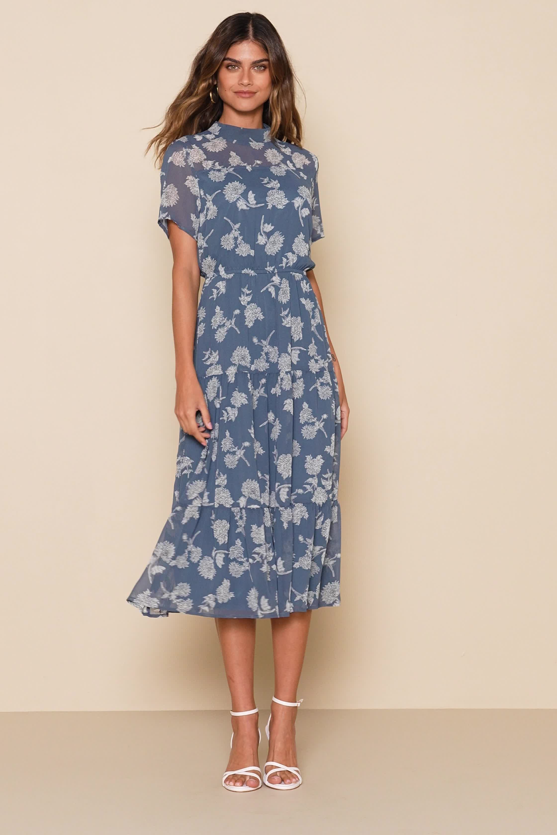 Floral Dressed Up Dusty Blue Floral Print Midi Dress