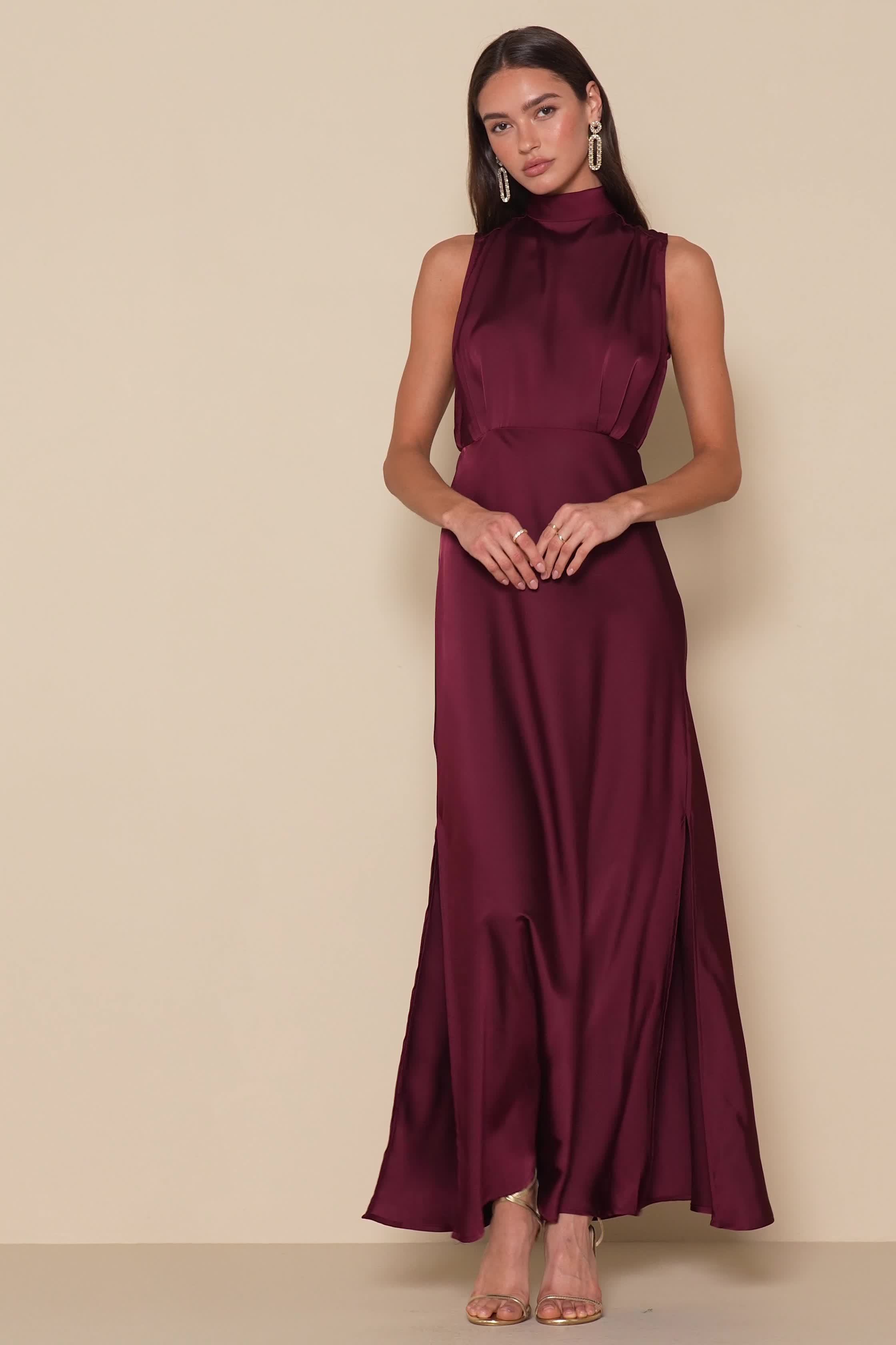 classic elegance wine satin sleeveless mock neck maxi dress Isabella Satin Backless Maxi Dress Wine main image 0