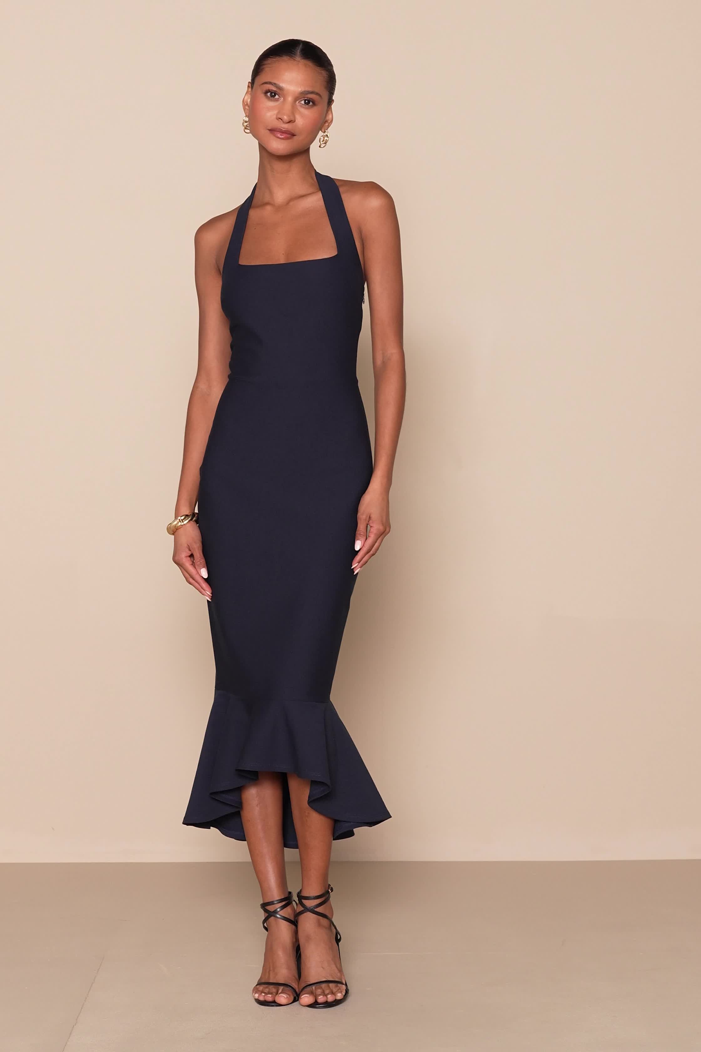 ワンピース CURVE NECK DRESS Navy Ponte Knit Dress - Trumpet Midi Dress - Halter Neck Dress - Lulus