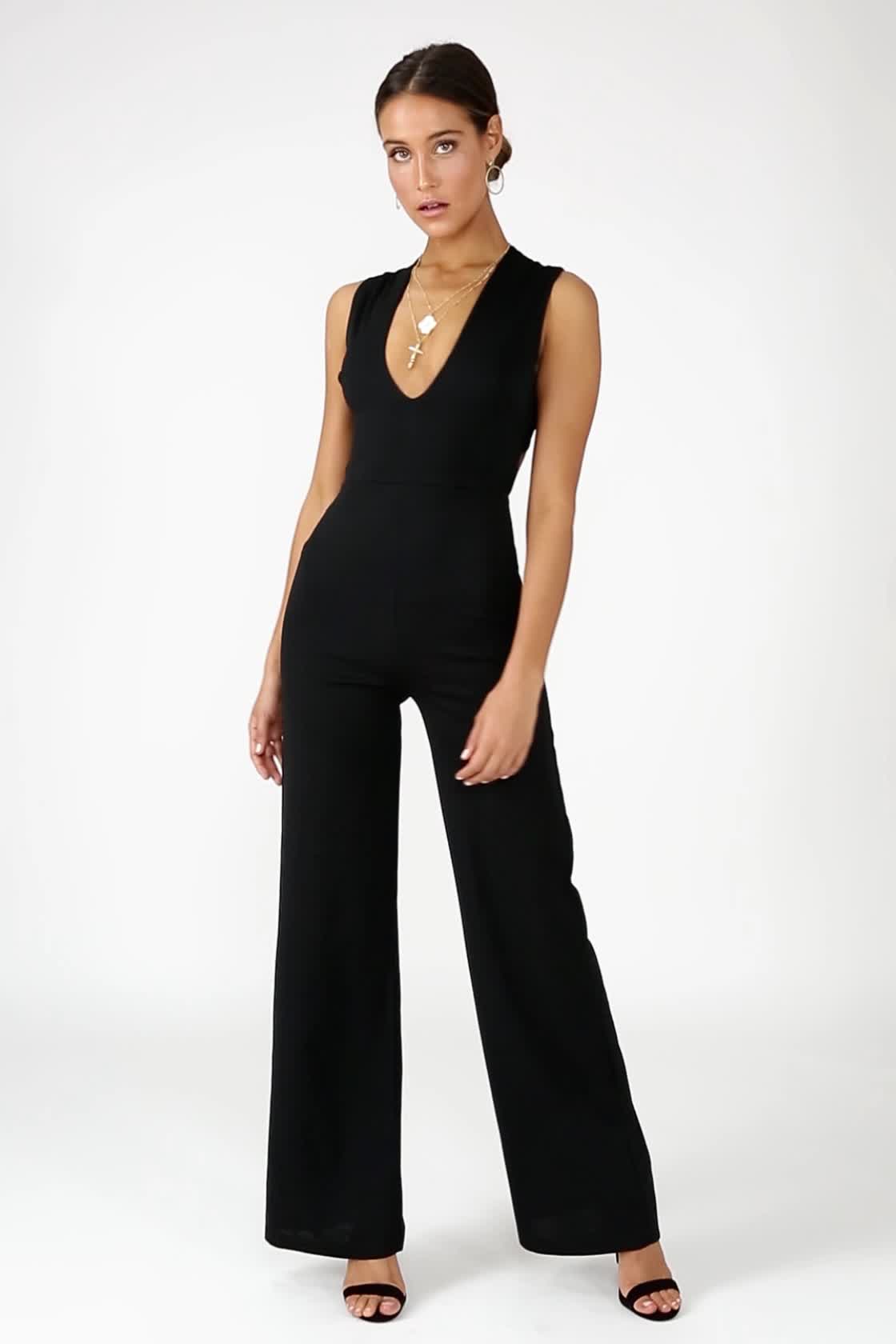 Knitted Backless Jumpsuit - Black