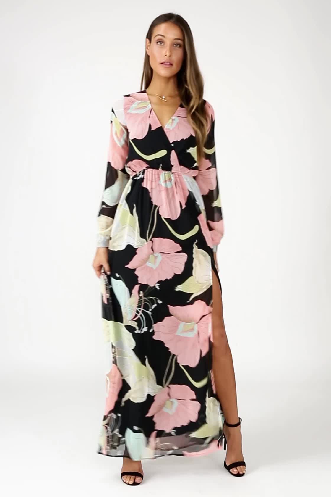 wondrous water lilies black floral print maxi dress