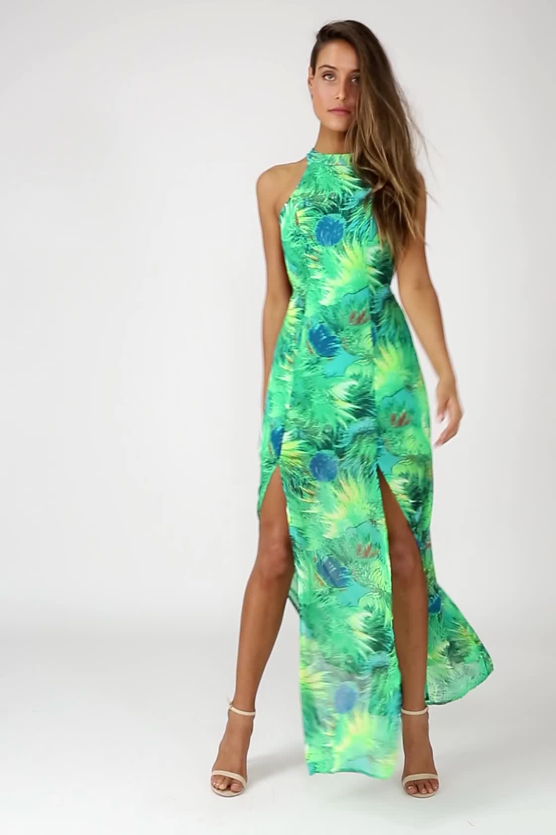Lovely Green Tropical Print Dress - Backless Maxi Dress - Lulus